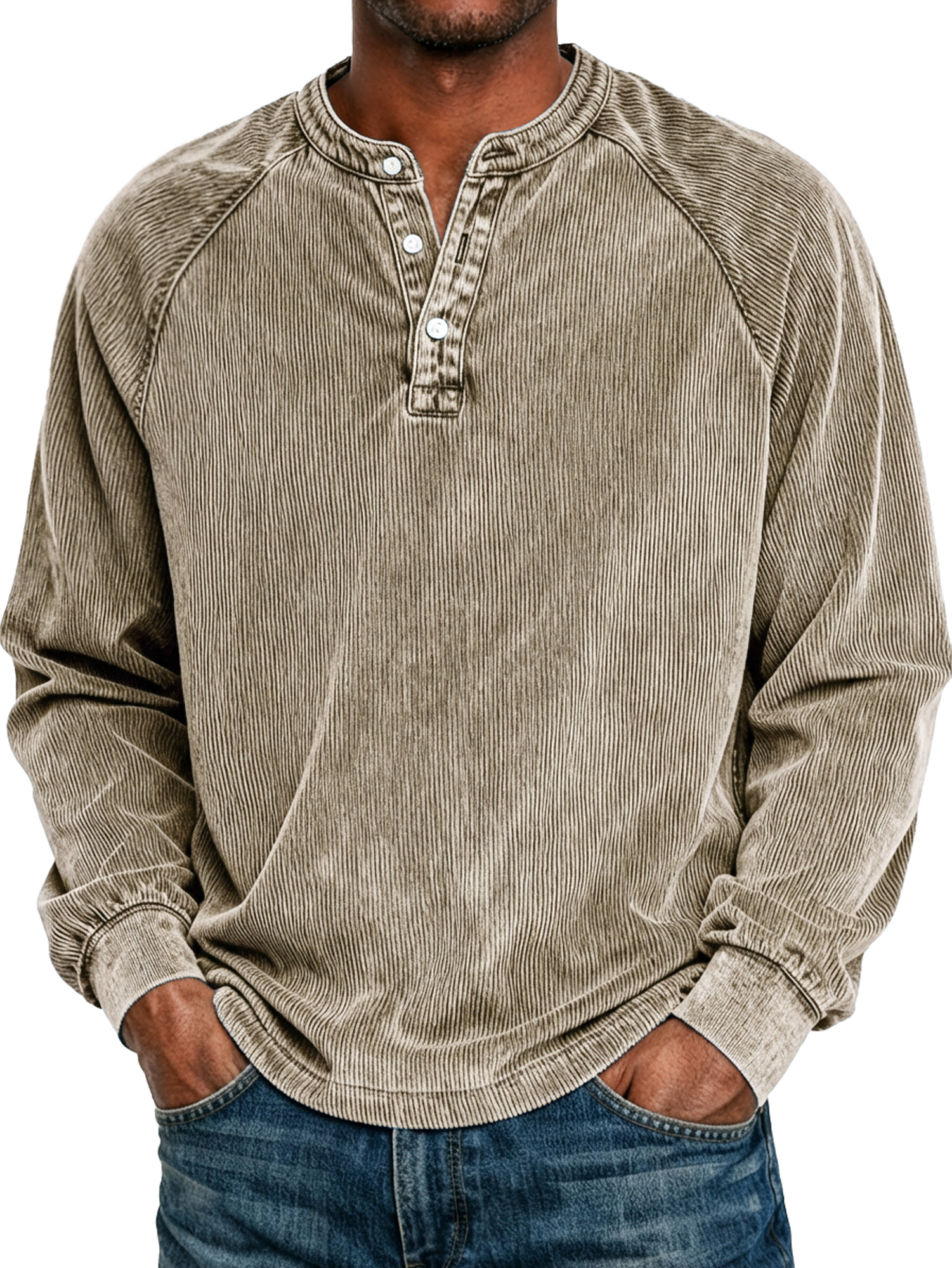 Men's Retro Raglan Corduroy Casual Long-Sleeve Henley Shirt