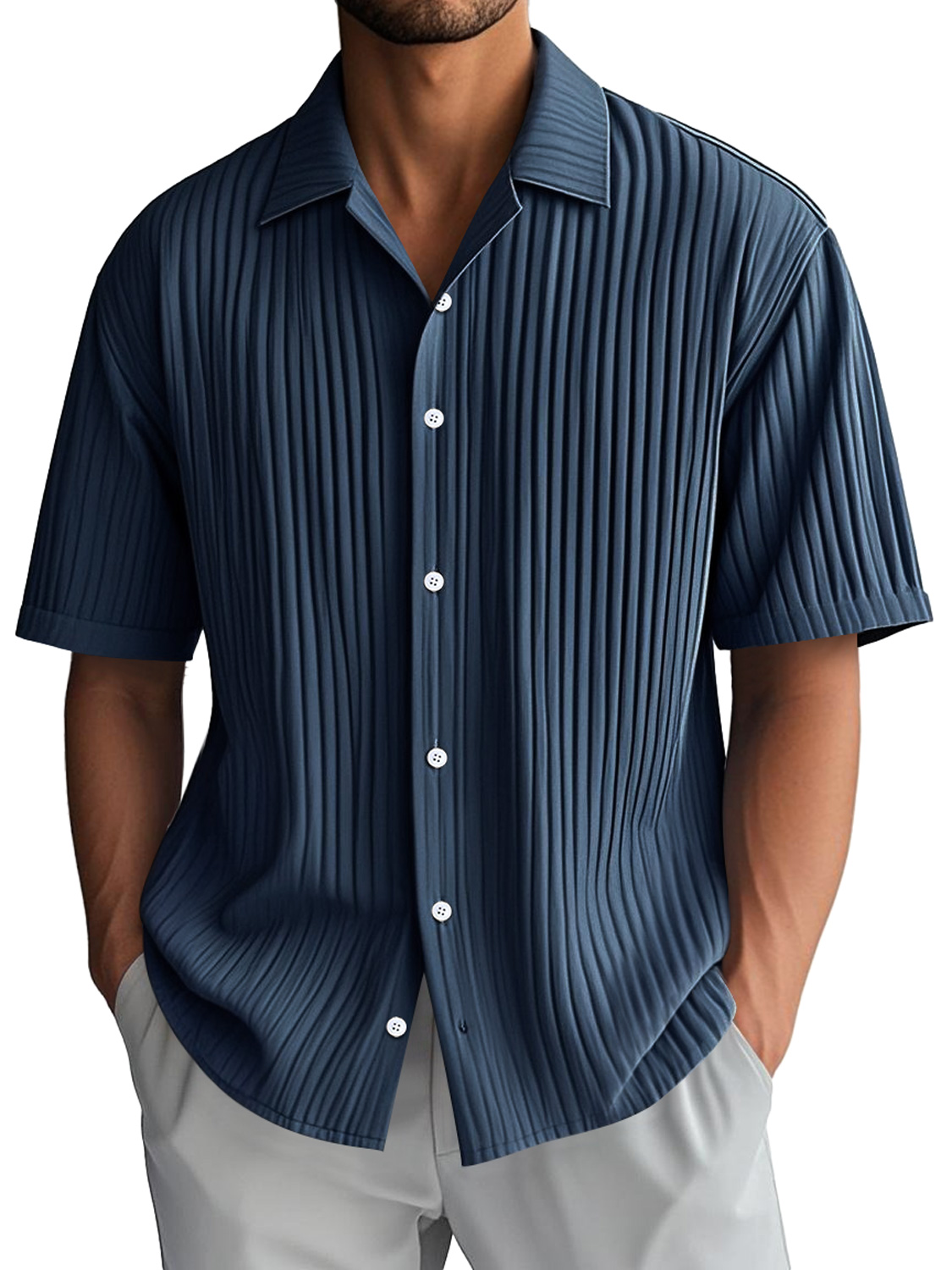 Men's Daily Casual Ribbed Lapel Comfortable Short-sleeved Shirt