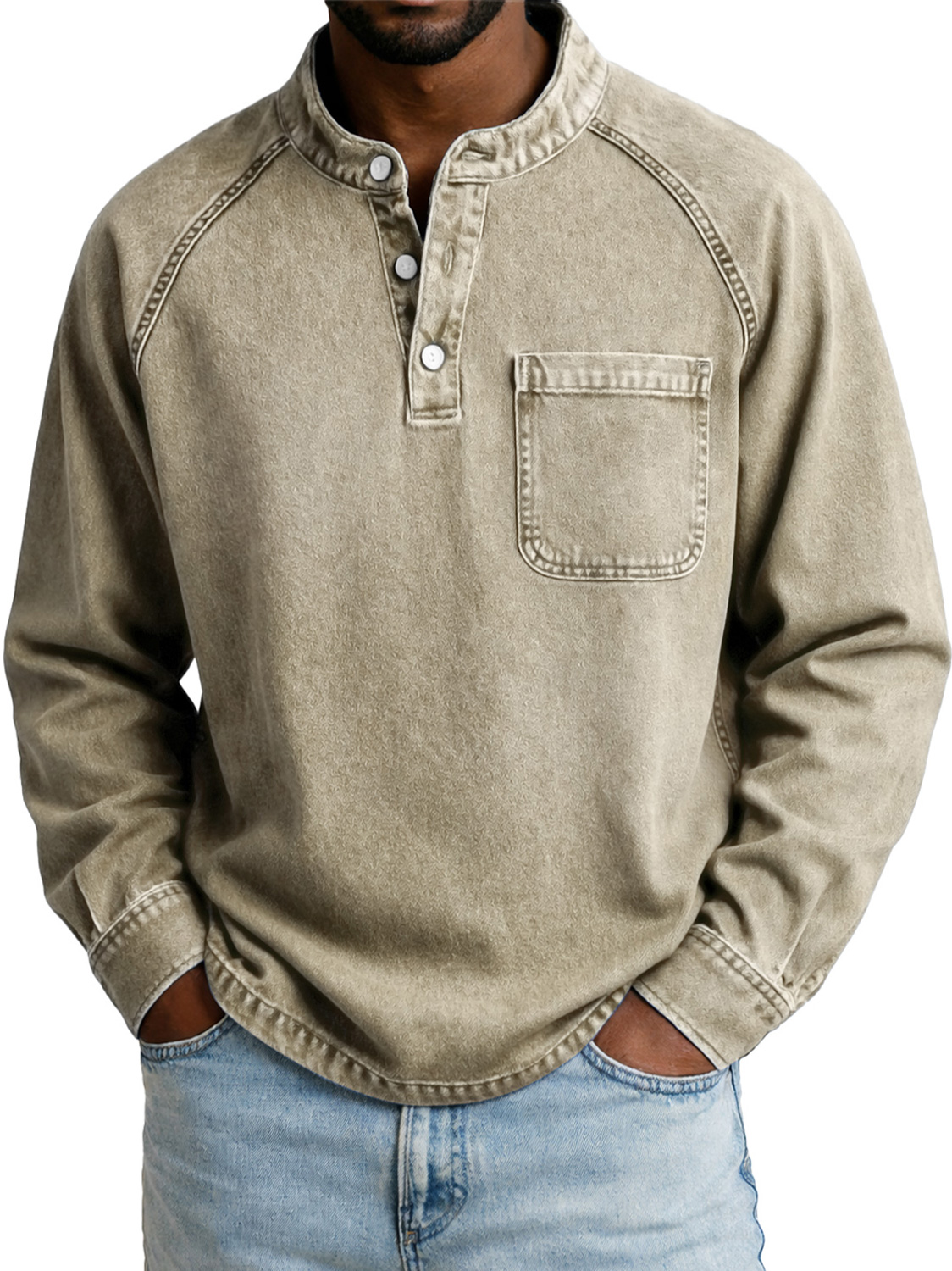 Men's Vintage Casual Raglan Sleeve Pocket Long-sleeved Henley Shirt