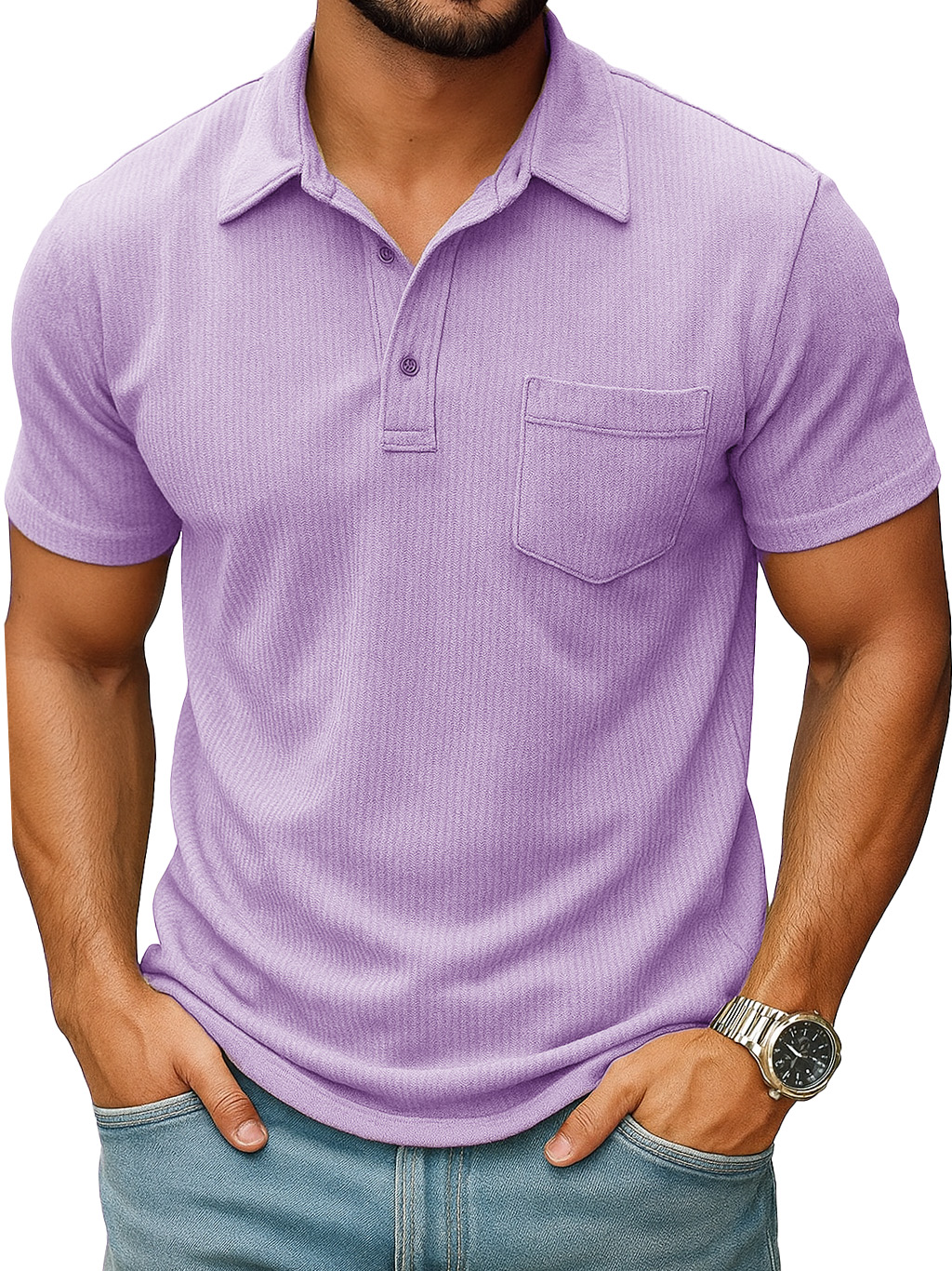 Men's Fashion Casual Ribbed Fabric Pocket Short-sleeved Lapel Polo Shirt