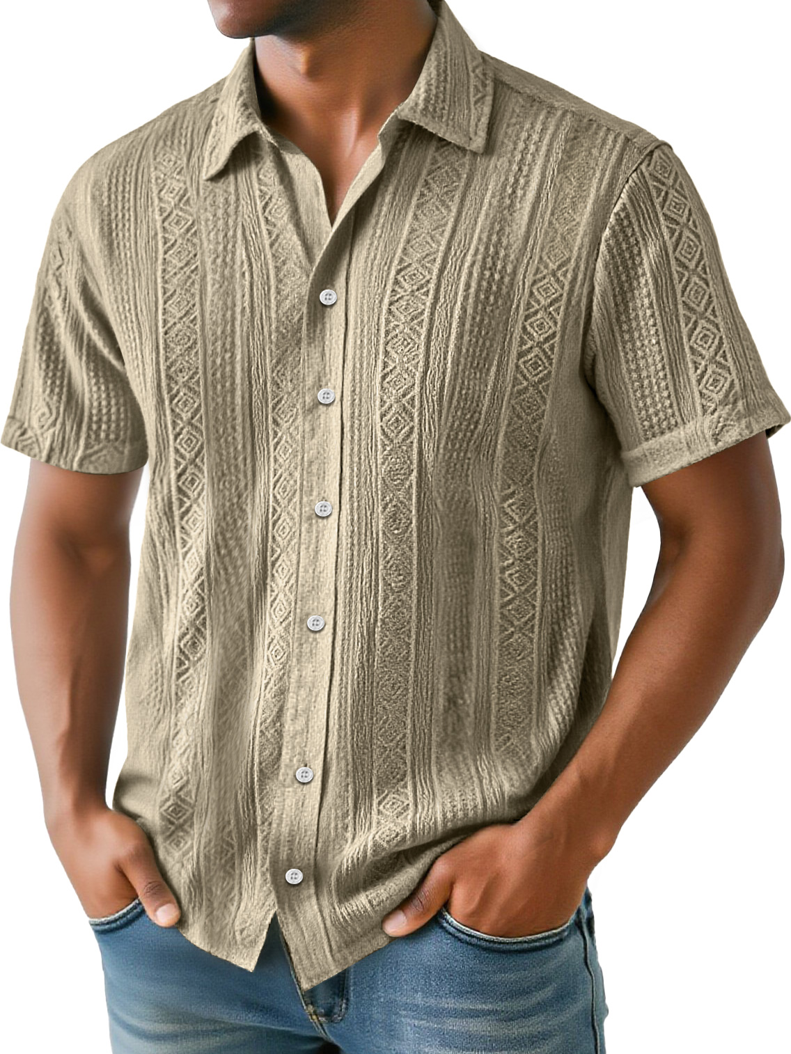 Men's Daily Simple Jacquard Texture Casual And Comfortable Solid Color Short-sleeved Shirt