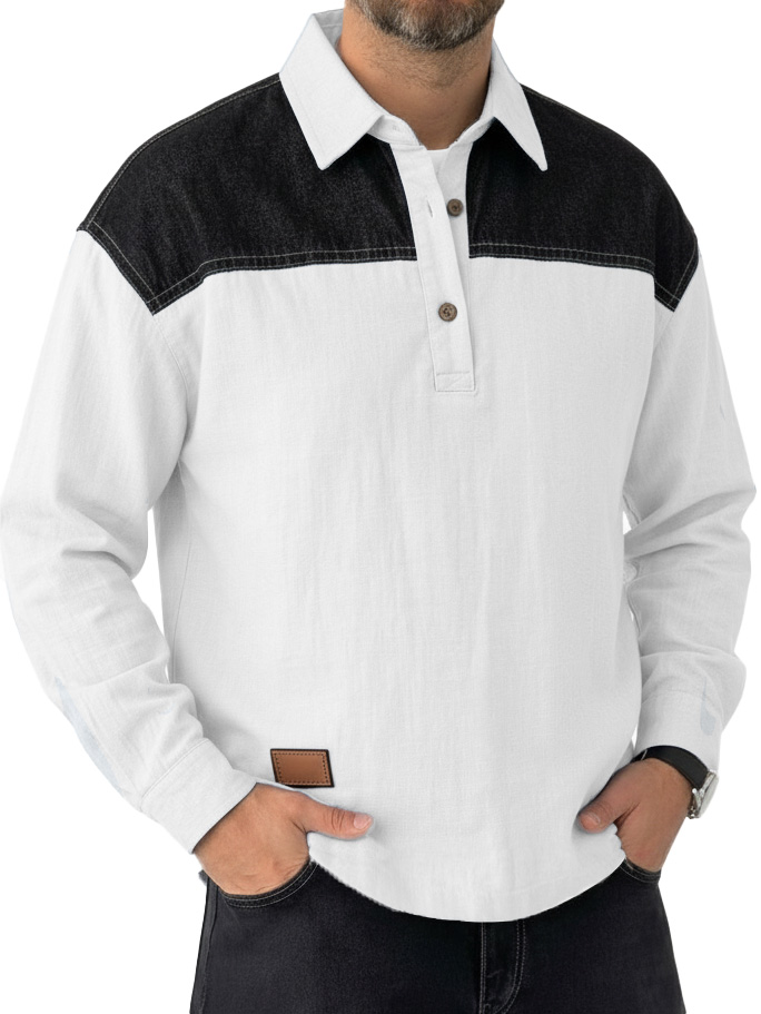 Men's Fashionable Casual Patchwork Collared Loose Long-Sleeve Polo Shirt
