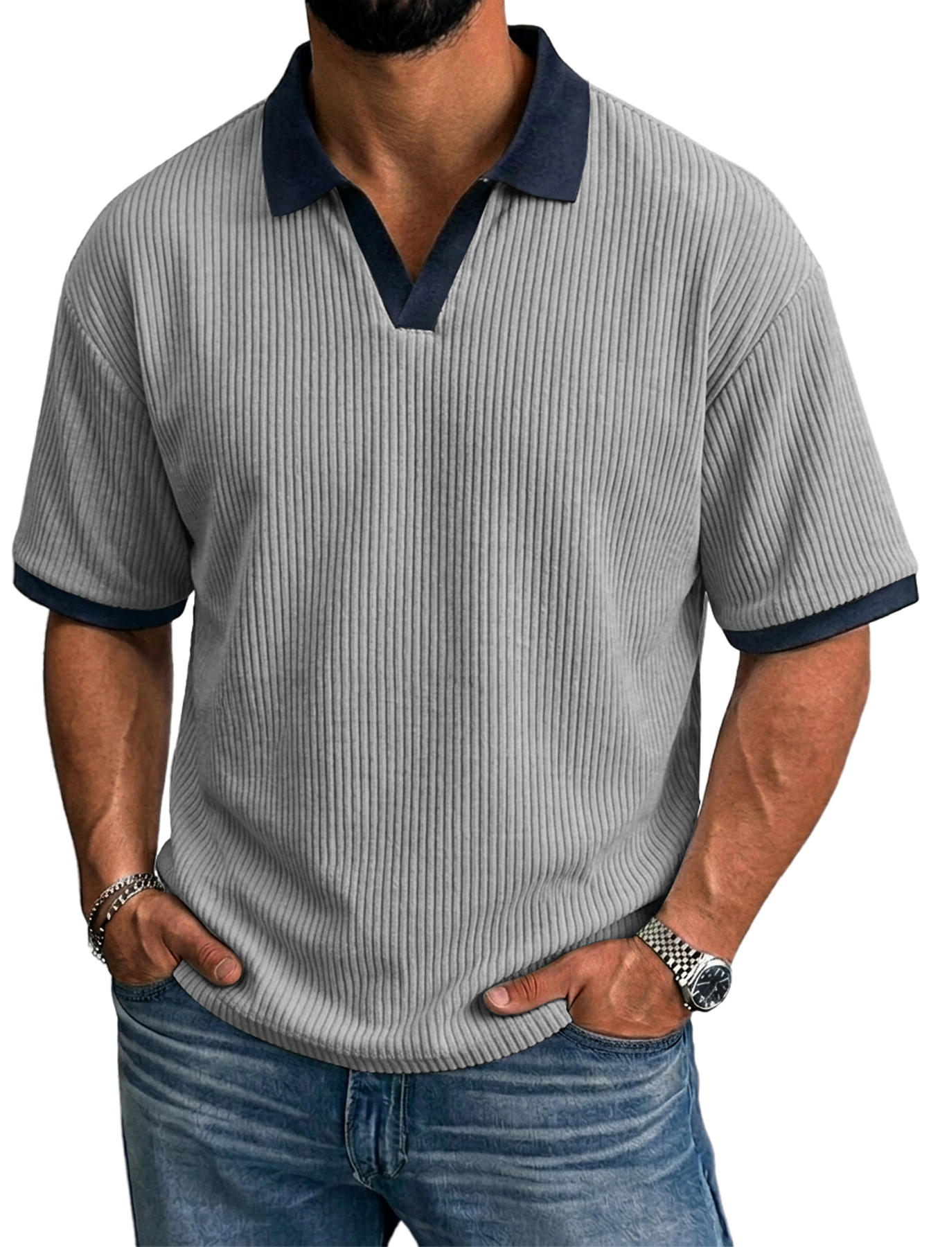 Men's Simple Ribbed Color Block Casual Short-Sleeve Polo Shirt