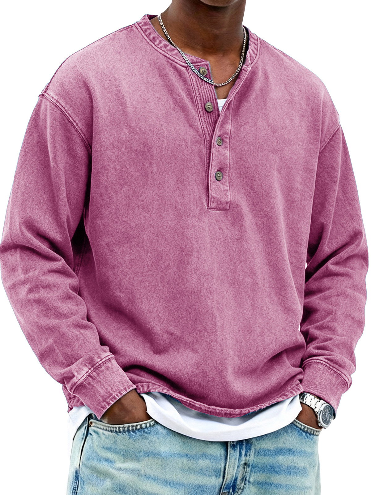 Men's Fashionable Retro Stand Collar Button-Up Long-Sleeved Henley Shirt
