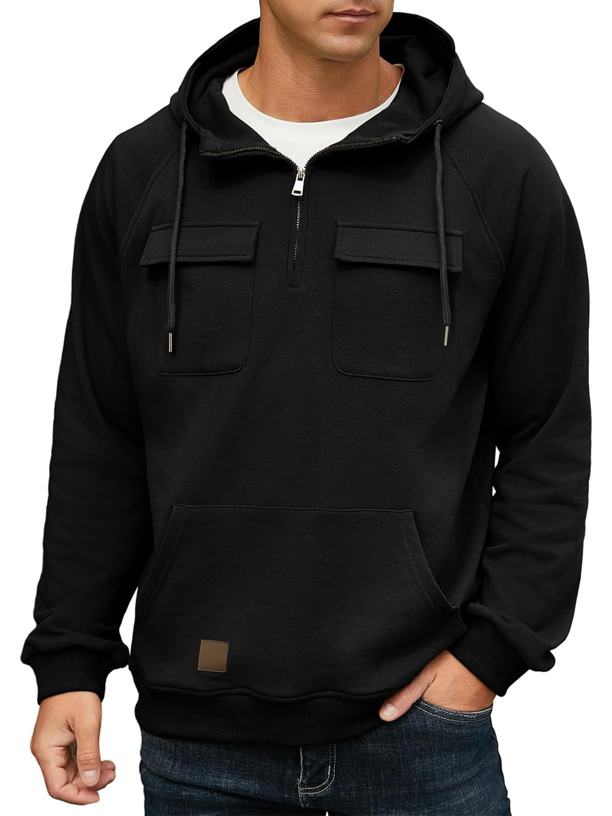 Men's Casual Hooded Zippered Double Pocket Solid Color Sweatshirt