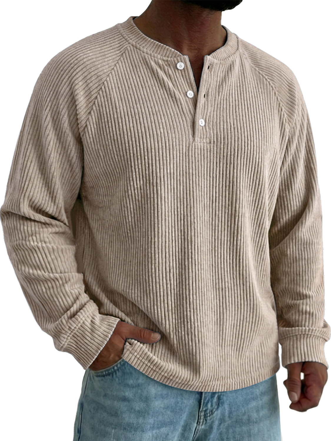 Men's Raglan Sleeve Corduroy Casual Solid Color Long-sleeved Henley Shirt
