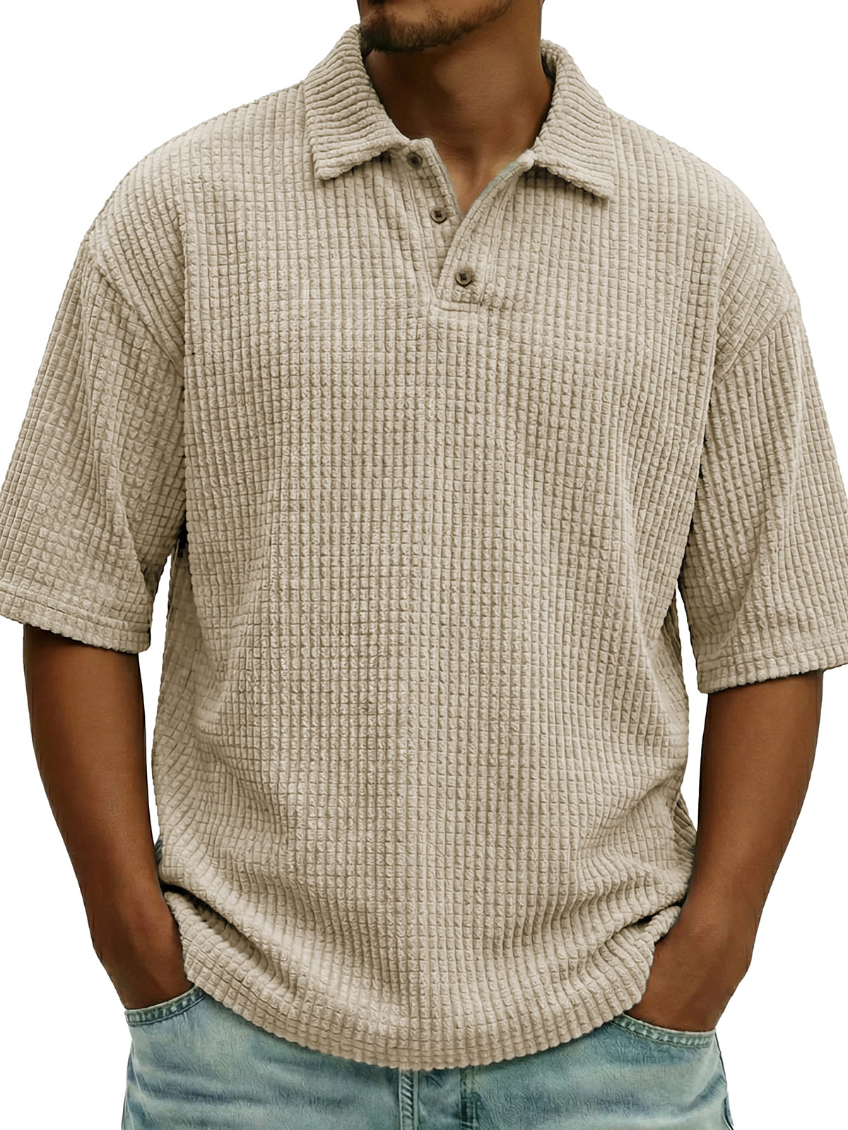 Men's Fashionable Casual Waffle Knit Collar Short-Sleeve Polo Shirt