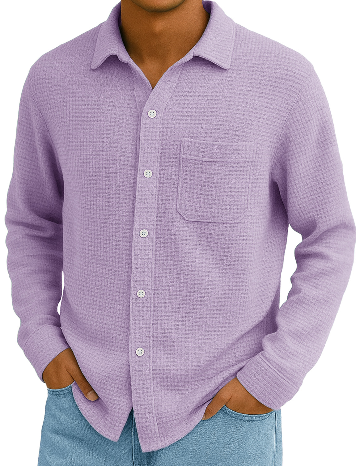 Men's Stylish Everyday Casual Waffle Fabric Pocket Lapel Long-sleeved Shirt