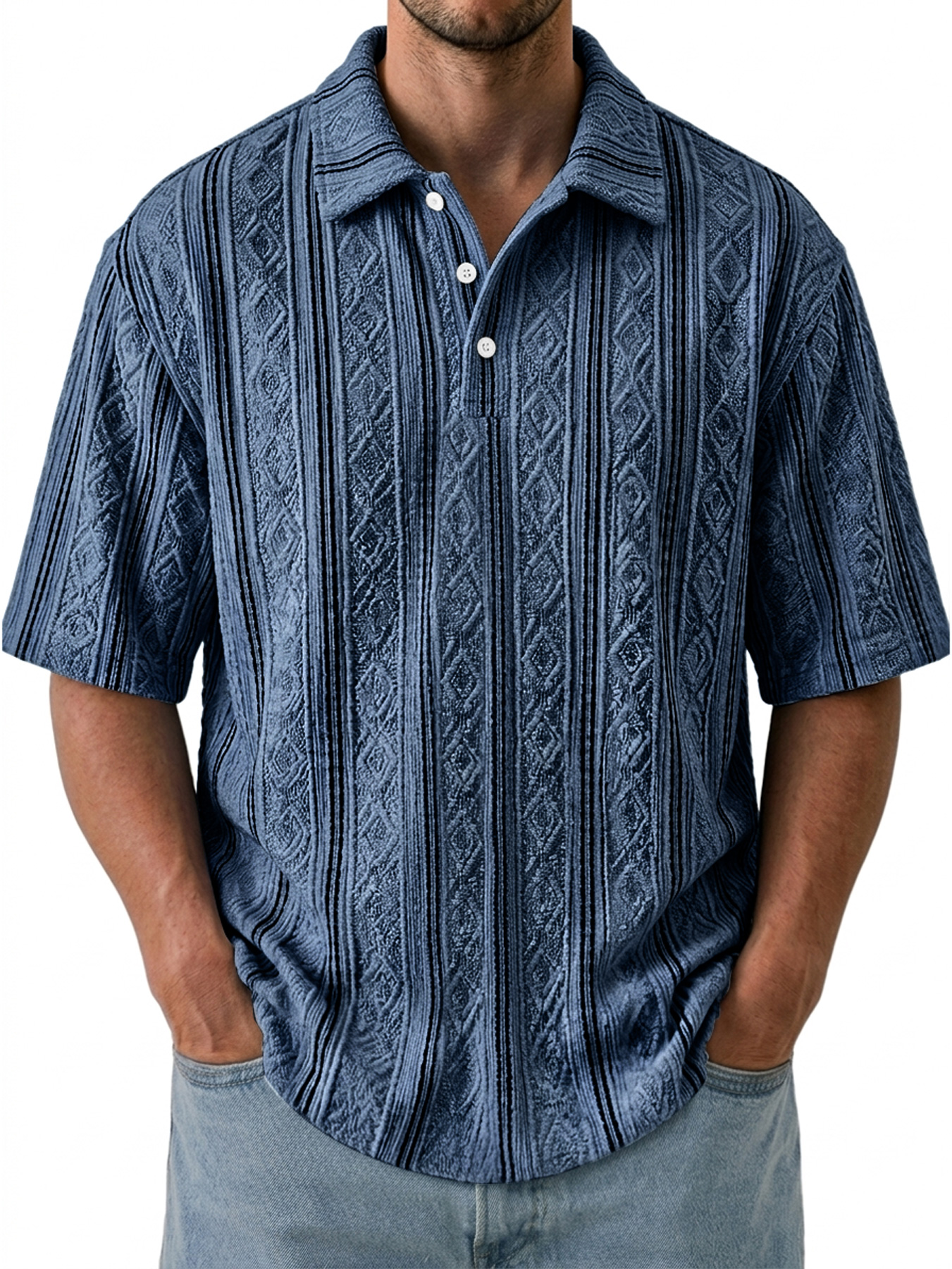 Men's Jacquard Textured Collar Button Casual Short-sleeved Polo Shirt