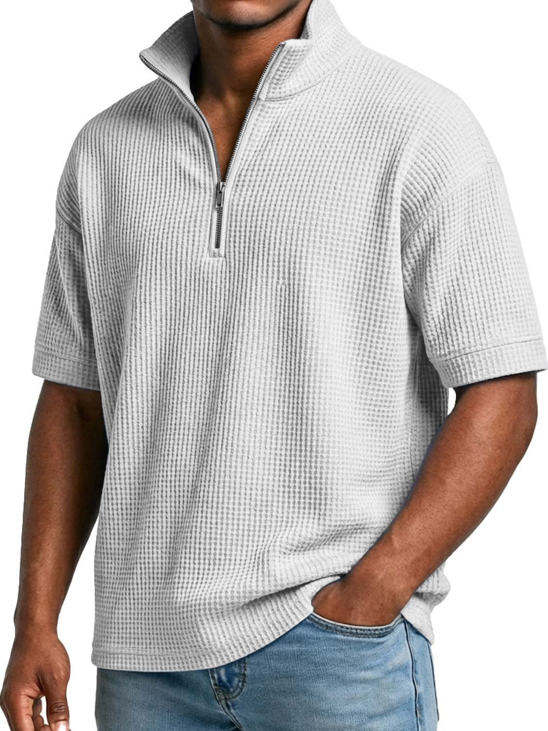 Men's Waffle-knit Simple Stand-collar Zip-up Casual Short-sleeved T-shir