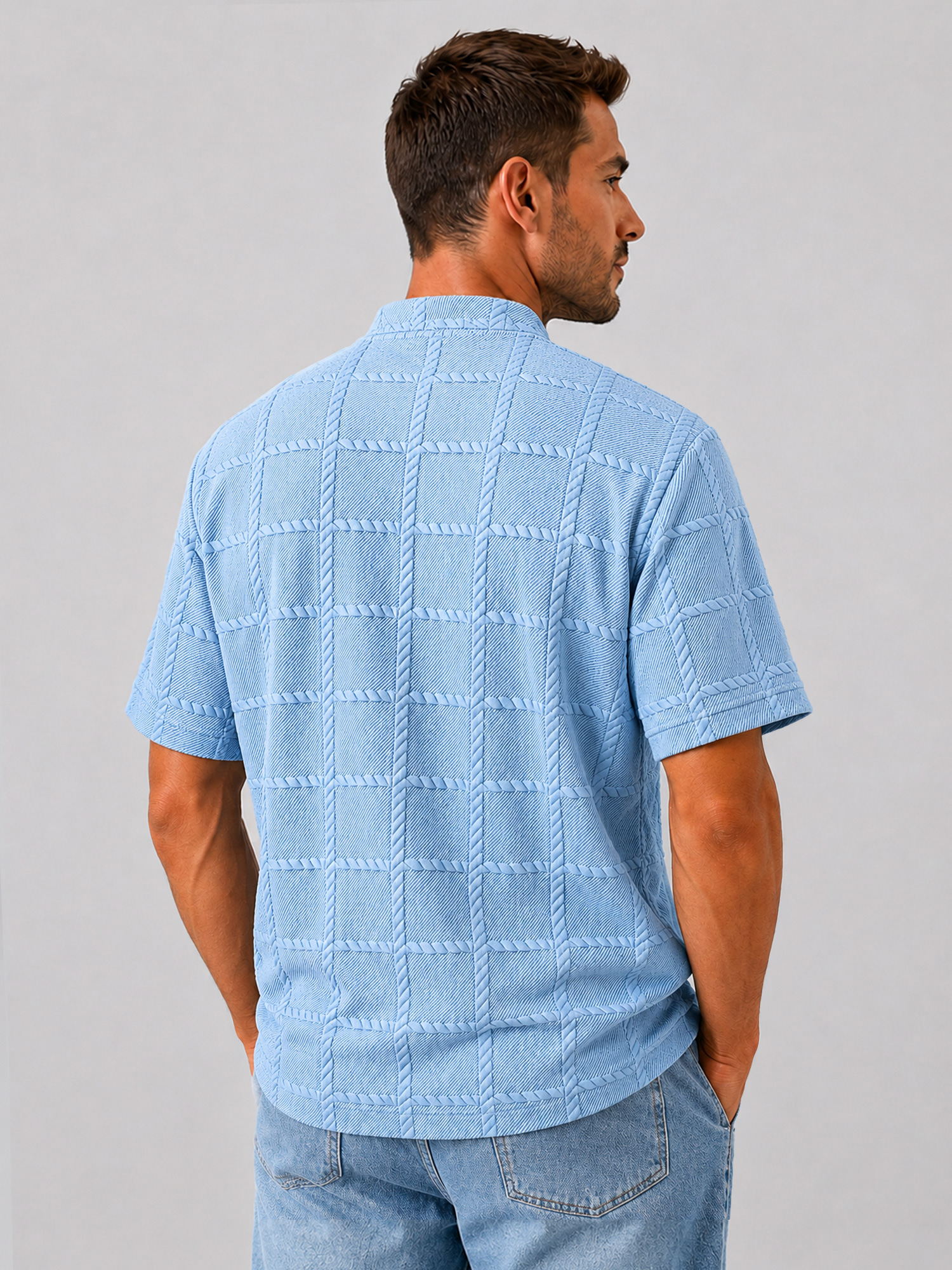 Men's Casual Textured Stand-Collar Button-Front Solid-Color Short-Sleeve Henley Shirt