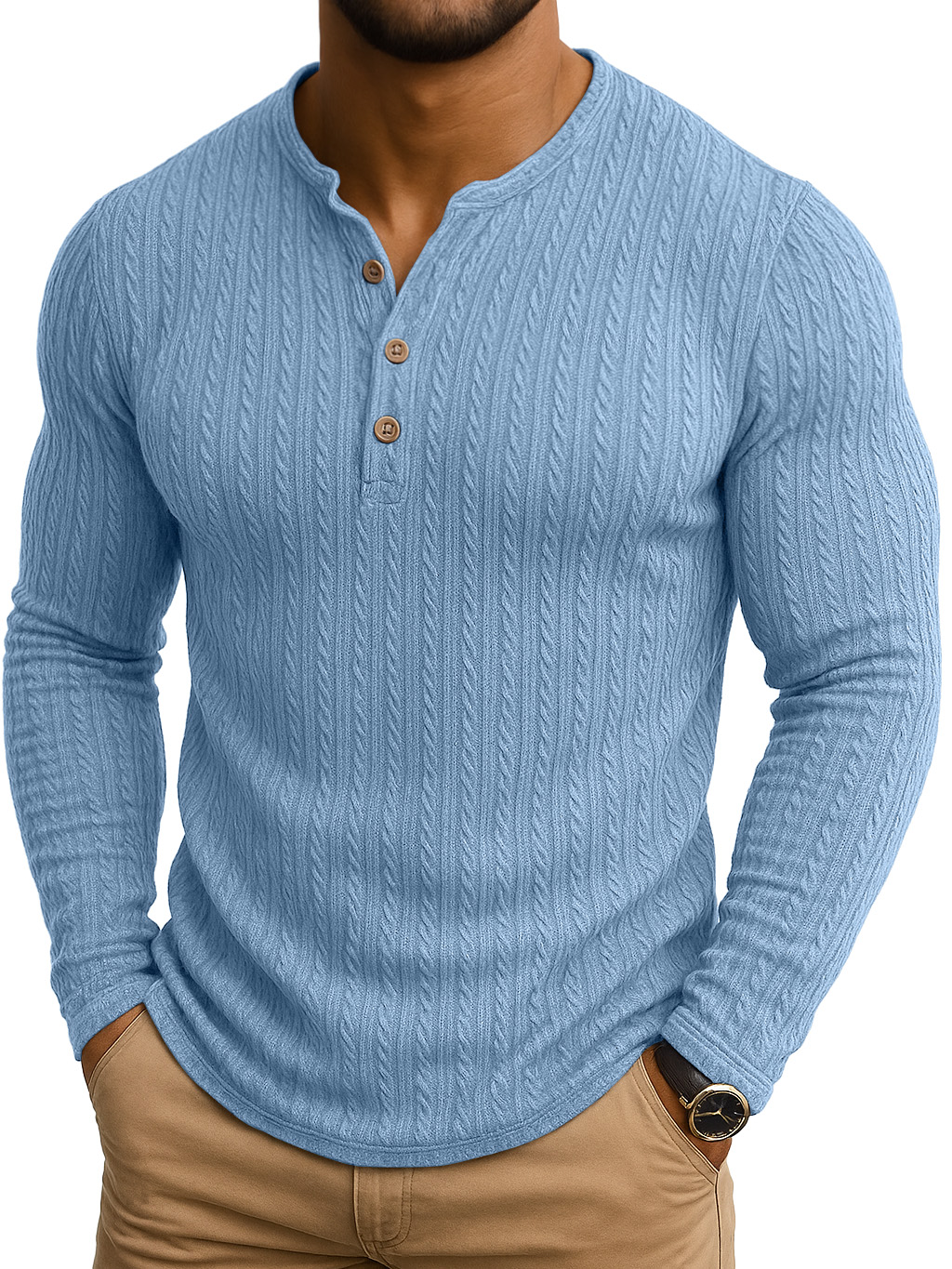 Vintage Striped Jacquard Henley Collar Long-sleeved T-shirt