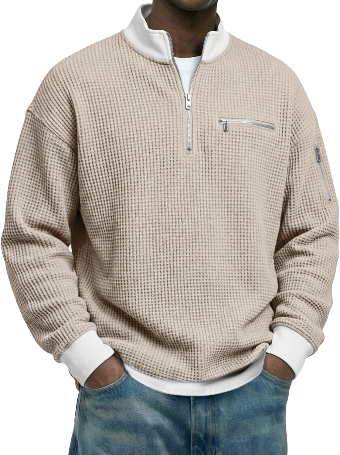 Men's Waffle-knit Stand-collar Color-block Zippered Casual Long-sleeved T-shirt