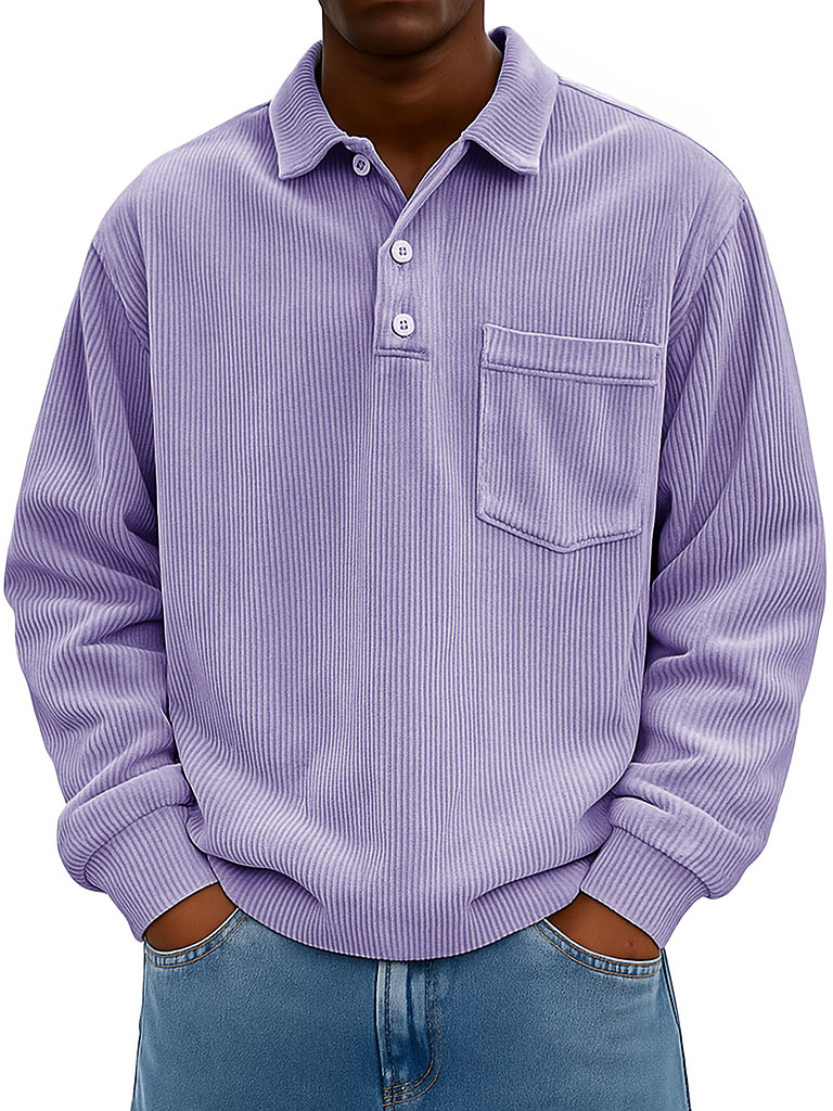Men's Clothing Fashionable Casual Retro Lapel Corduroy Pit Strip Fabric Long-sleeved Pocket Polo Shirt