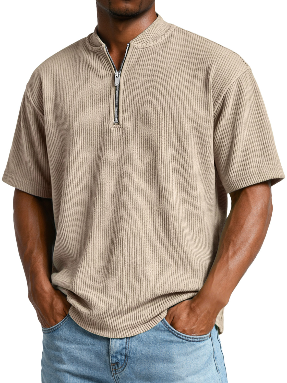 Men's Everyday Ribbed Zip-up Short-sleeved Casual T-shirt