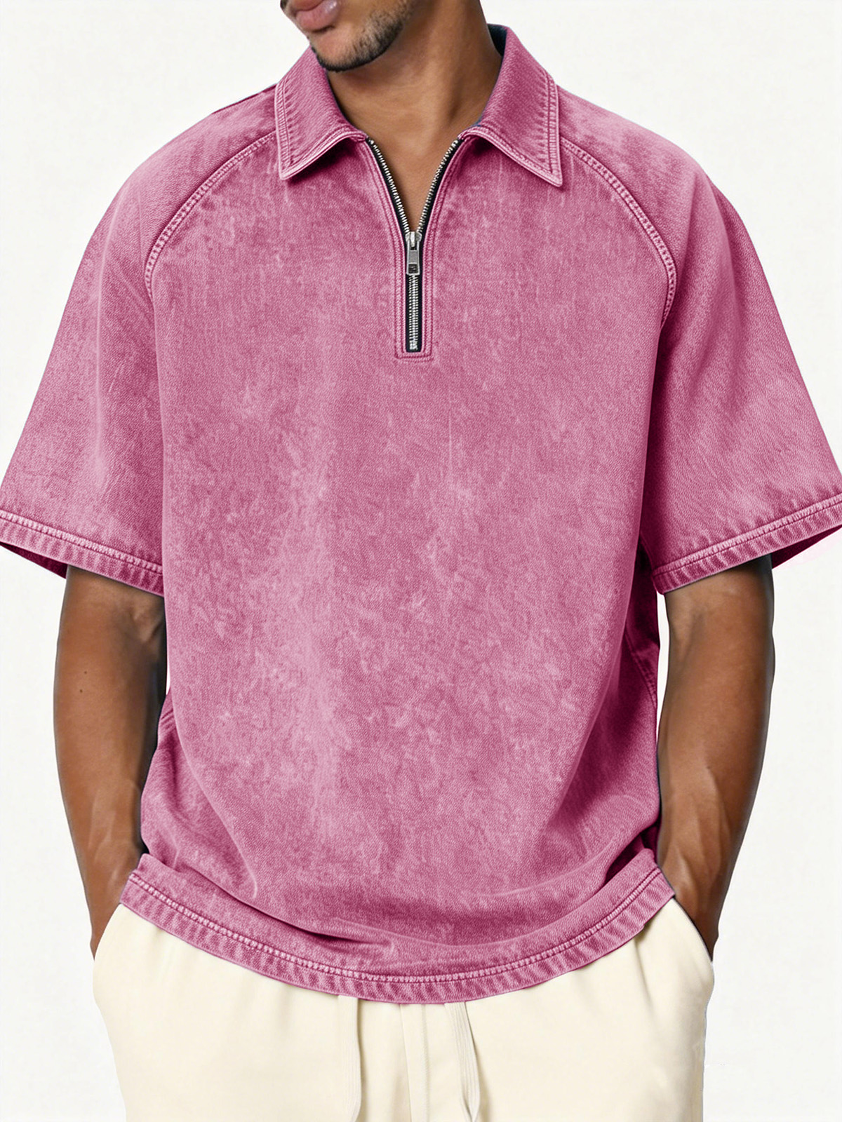 Men's Retro Distressed Raglan Collar Zipper Loose Short-Sleeve Polo Shirt