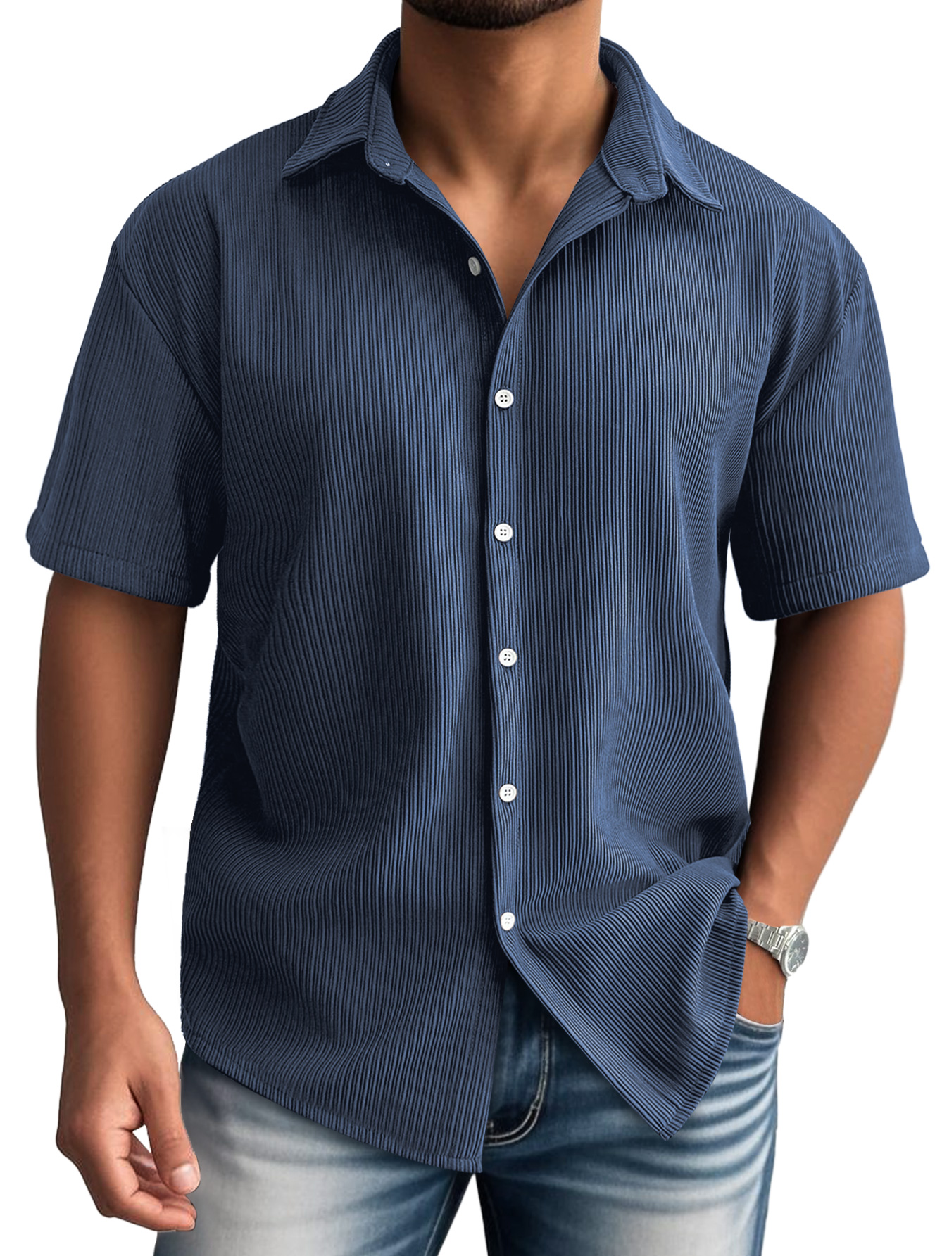 Men's Daily Lapel Ribbed Casual Comfortable Short-sleeved Shirt