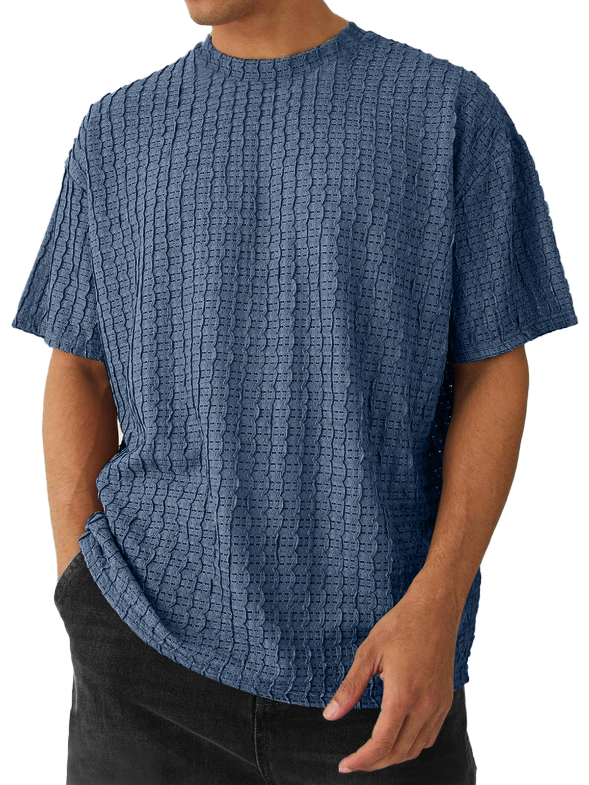 Men's Round Neck Casual Texture Solid Color Short-sleeved T-shirt