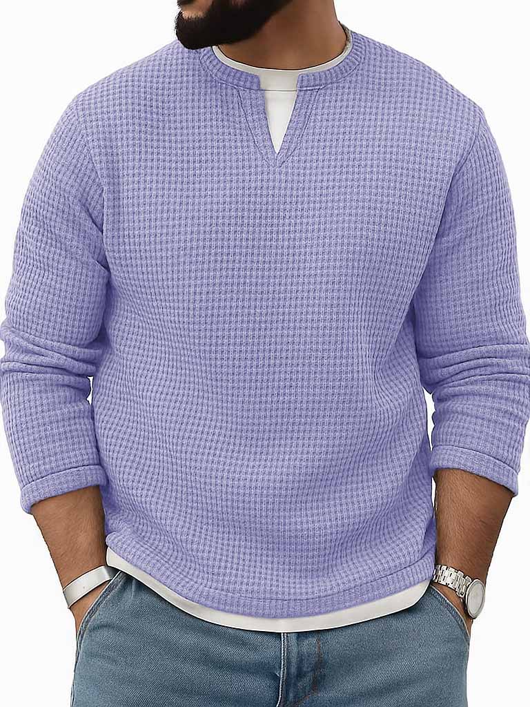 Men's Stylish Vintage Waffle Fabric V-neck Simulated Two-piece Loose-fitting Long-sleeved T-shirt