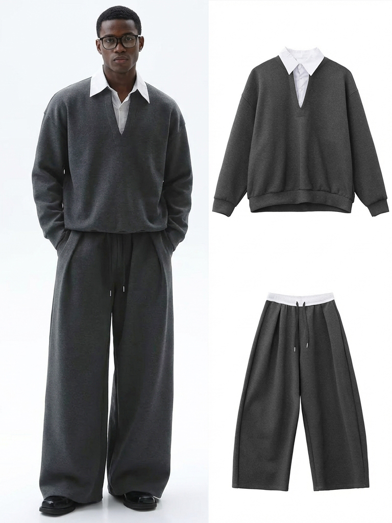 Men's Retro Fashion V-neck Polo Shirt and Pants Set OOTD