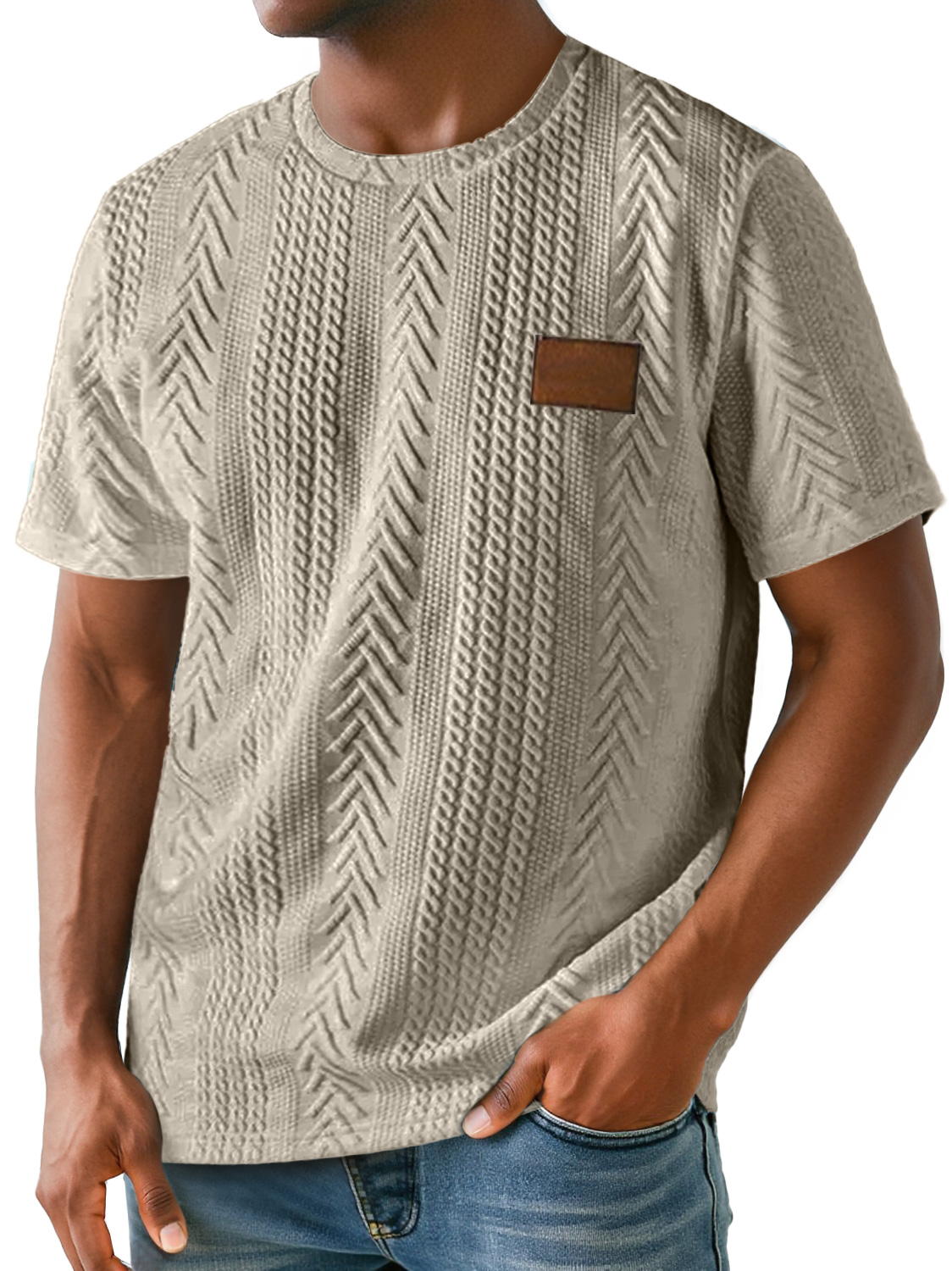 Men's Daily Round Neck Simple Texture Embroidered Label Casual Solid Color Short-sleeved T-shirt