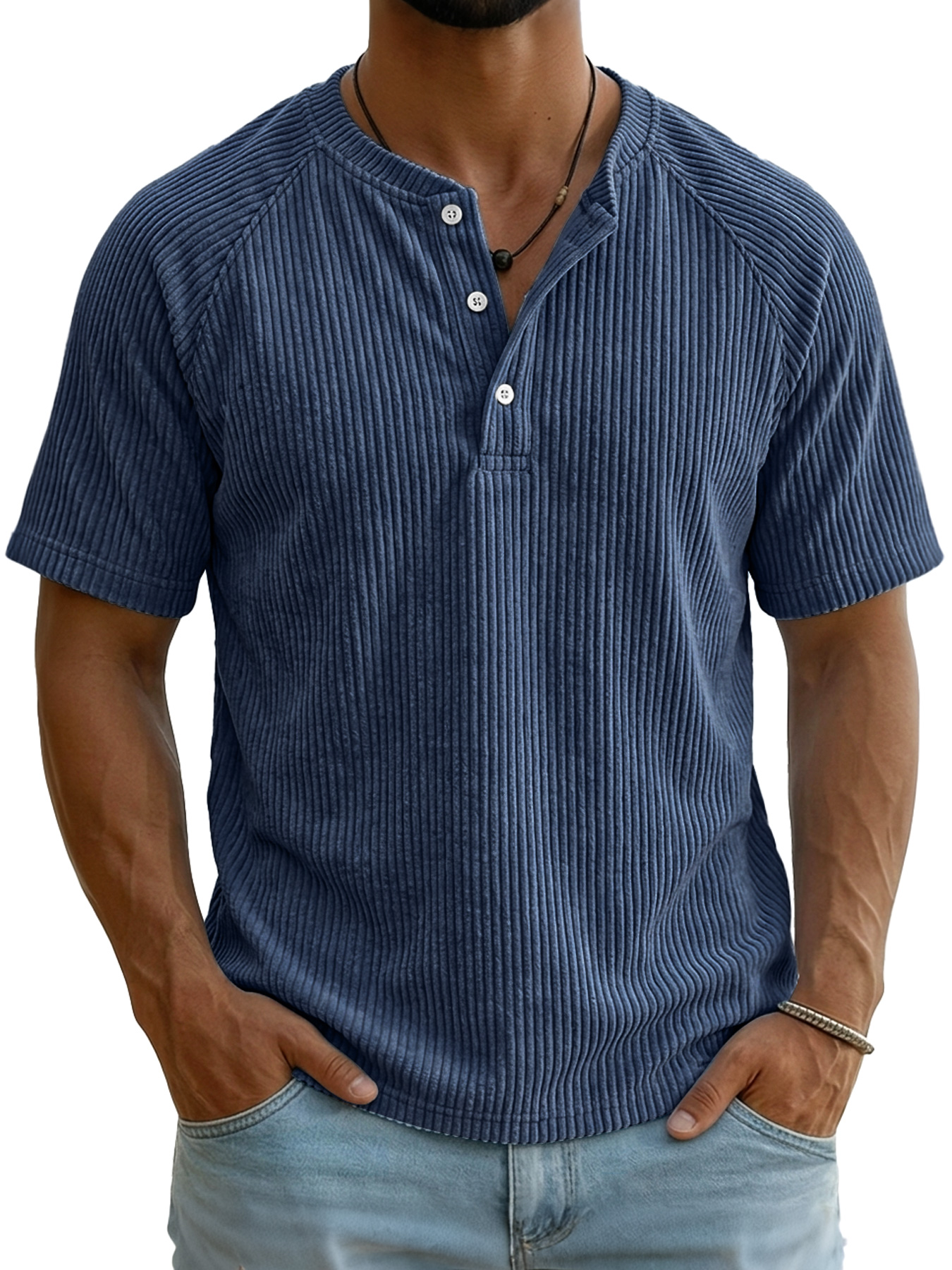 Men's Retro Corduroy Raglan Casual Short-Sleeve Henley Shirt