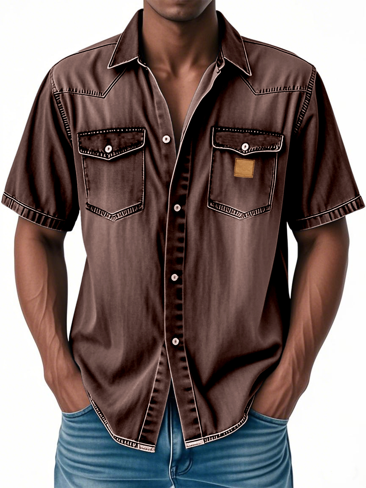 Men's Retro Western Embroidered Multi-Pocket Button Casual Short Sleeve Shirt