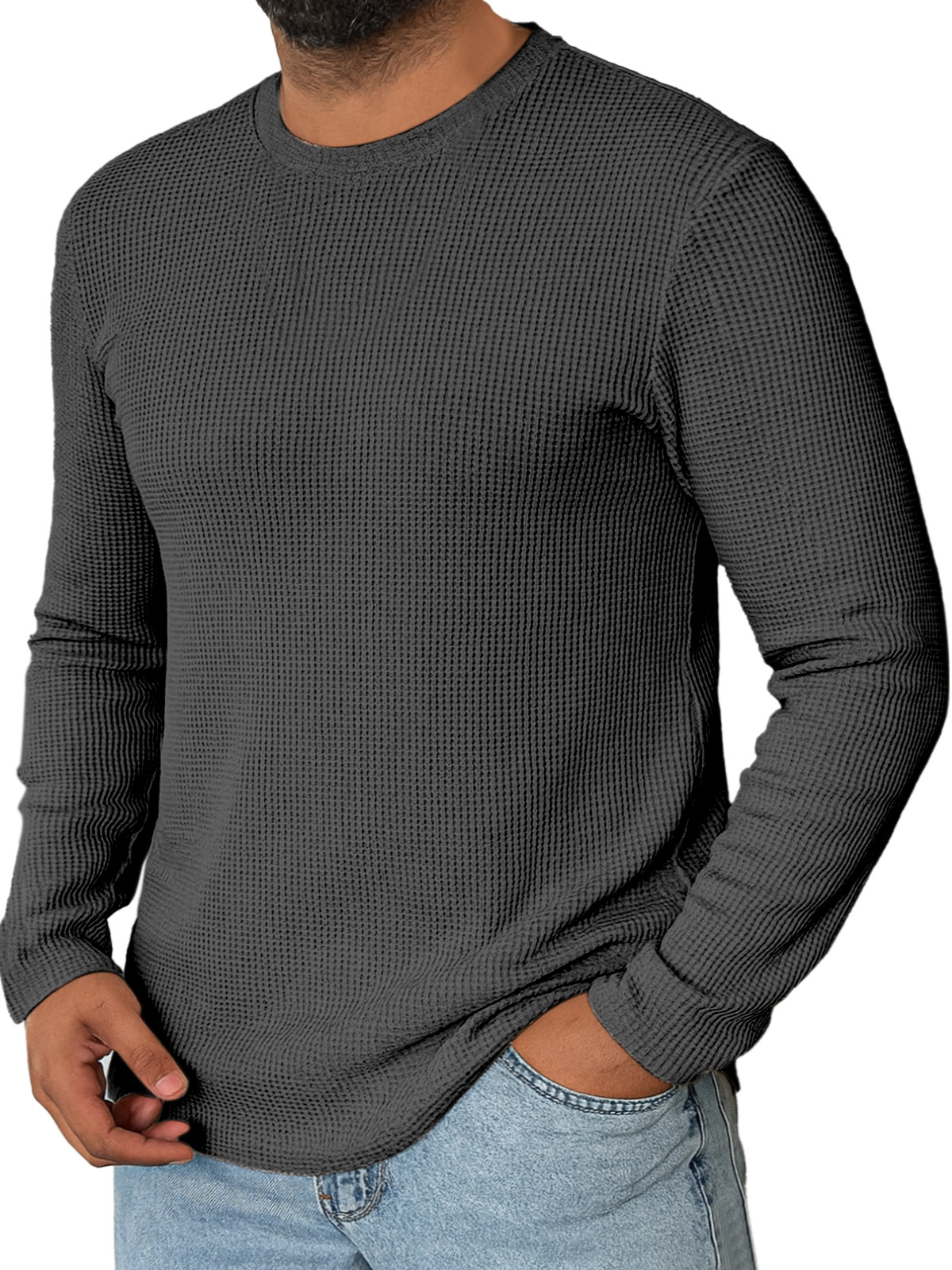 Men's Daily Simple Solid Color Waffle Round Neck Long-sleeved T-shirt