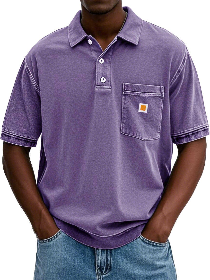 Men's Fashion Retro Distressed Lapel Pocket Short-sleeved Polo Shirt