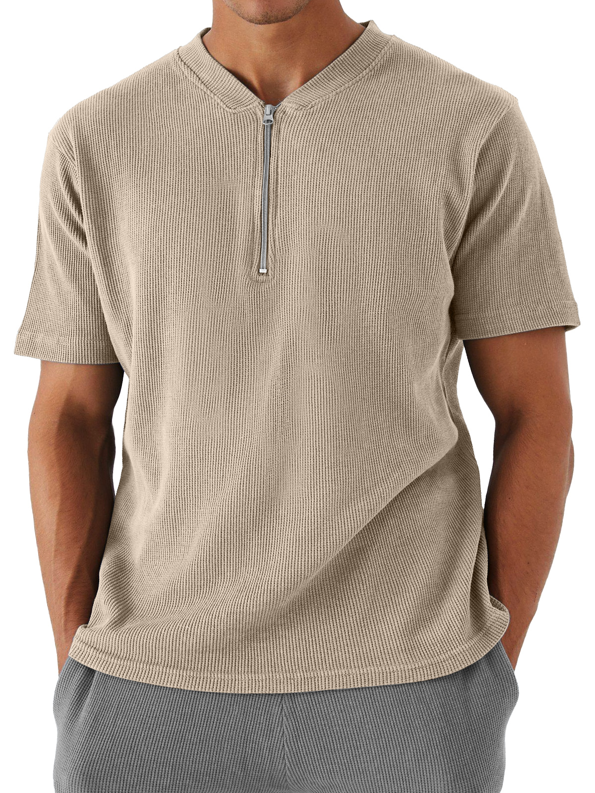 Men's Waffle Zipper Casual Solid Color Short Sleeve T-shirt