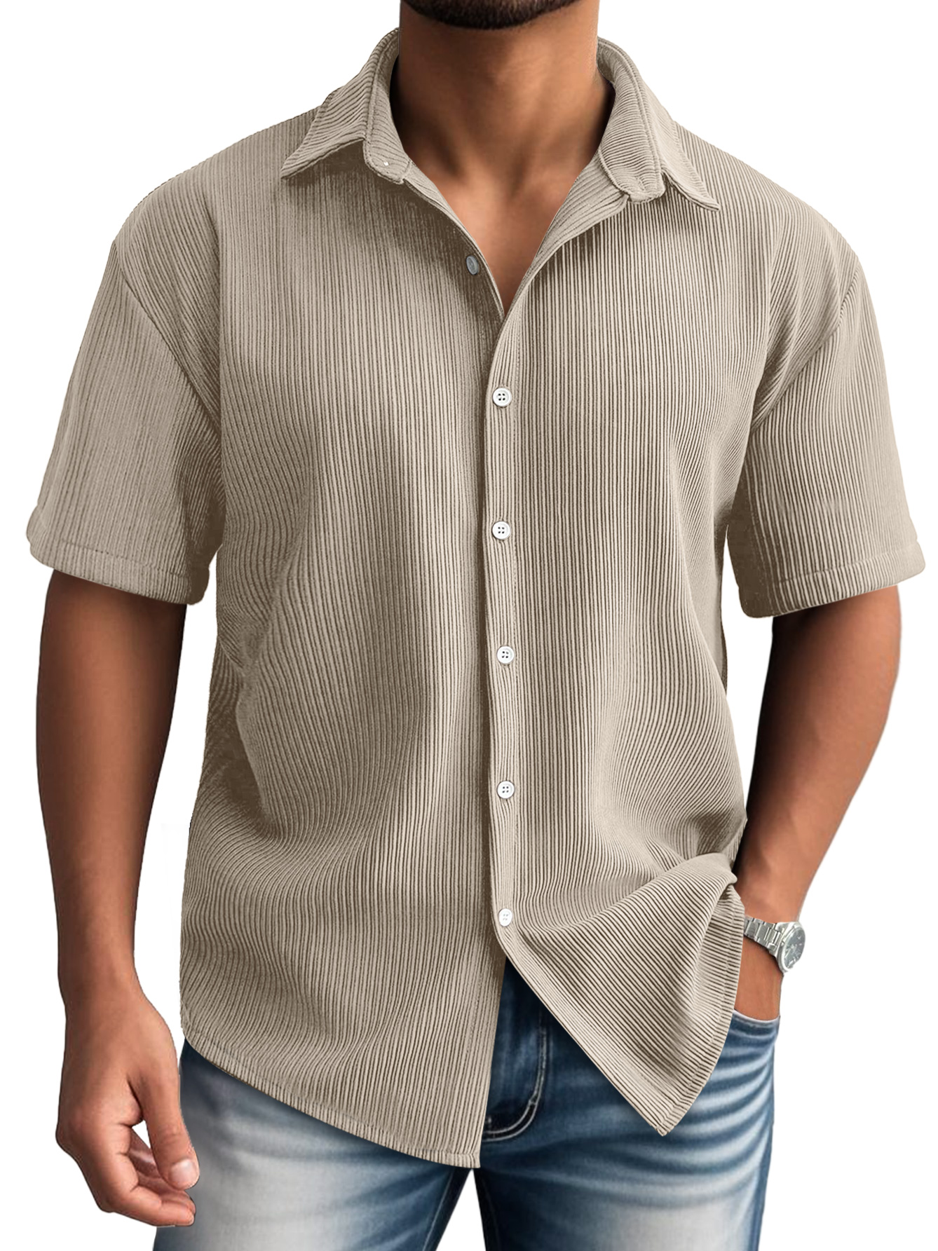 Men's Daily Lapel Ribbed Casual Comfortable Short-sleeved Shirt