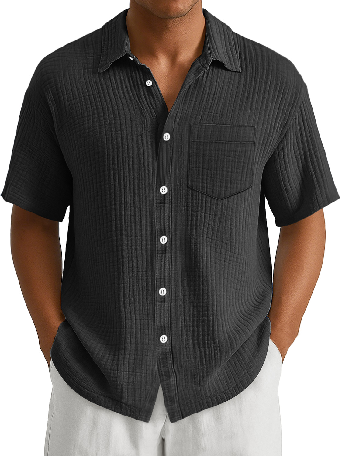 Men's Daily Casual Pleated Pocket Simple And Comfortable Short-Sleeved Shirt