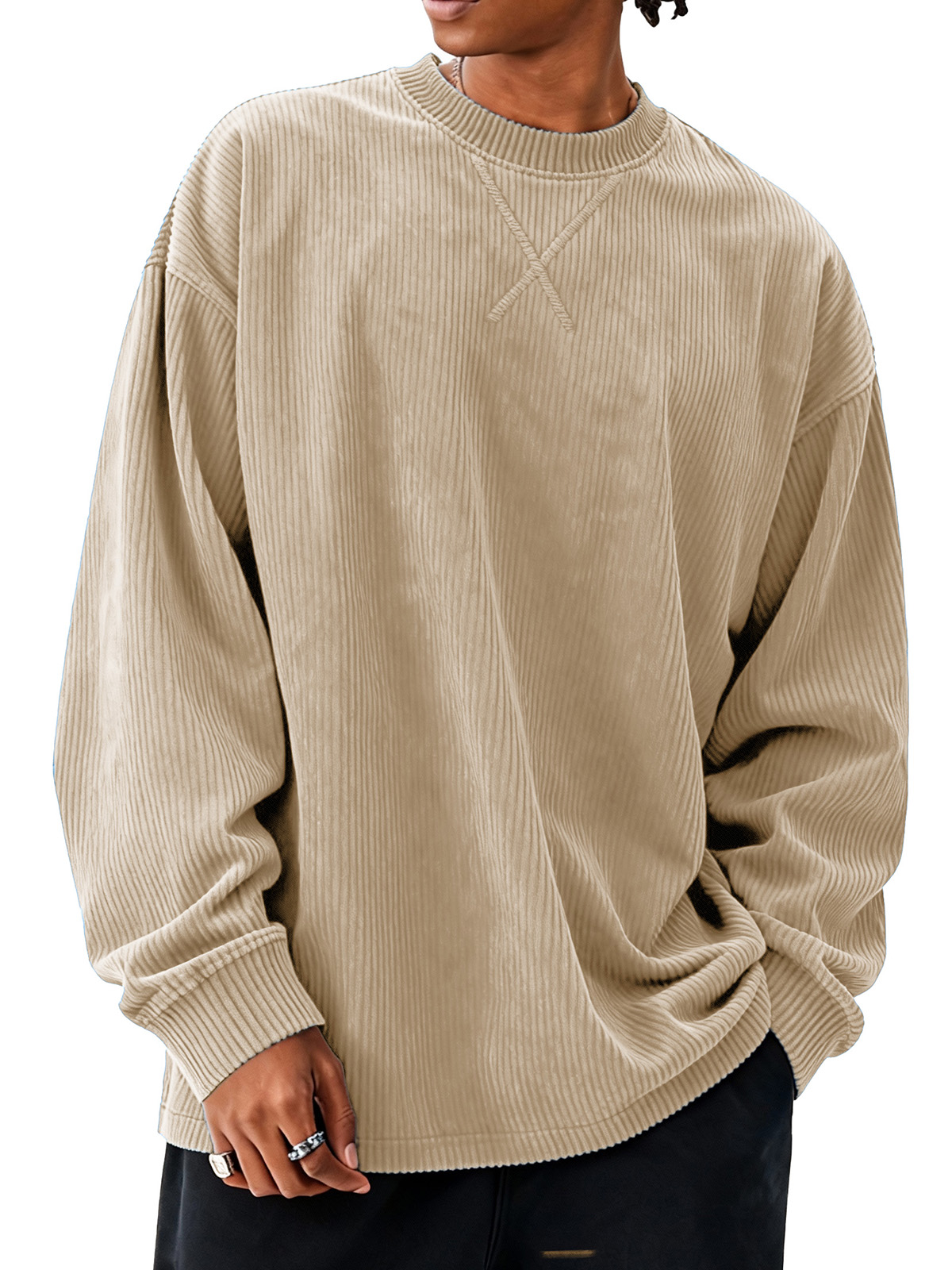 Men's fashionable casual loose round collar corduroy fabric long-sleeved T-shirt