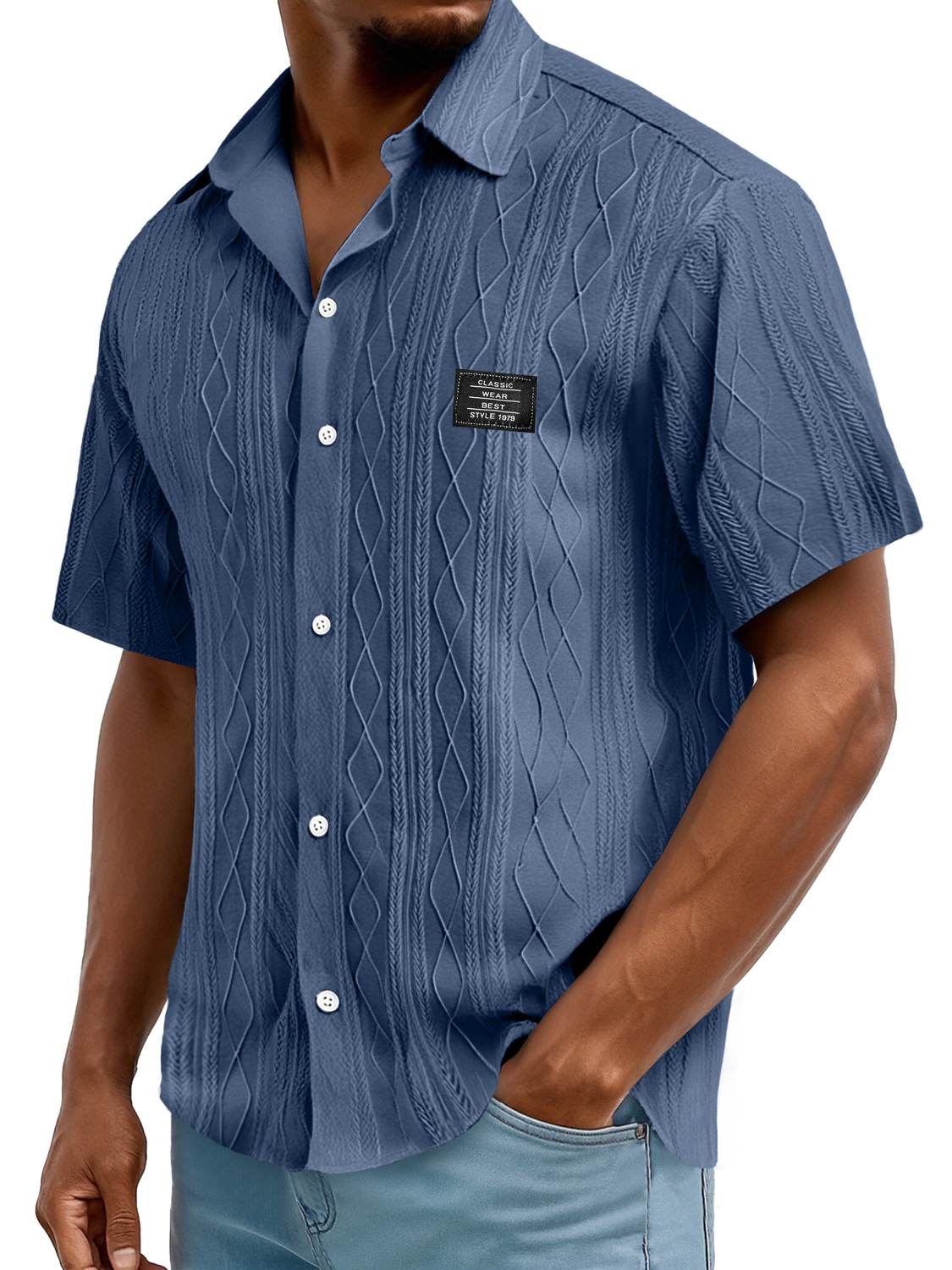 Men's Daily Casual Texture Embroidered Logo Solid Color Comfortable Short-sleeved Shirt