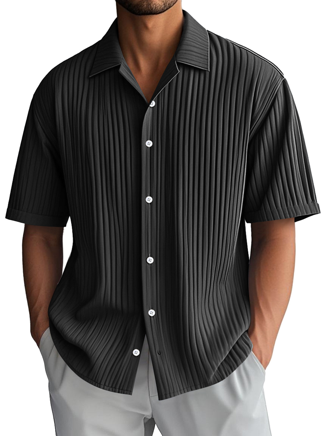 Men's Daily Casual Ribbed Lapel Comfortable Short-sleeved Shirt