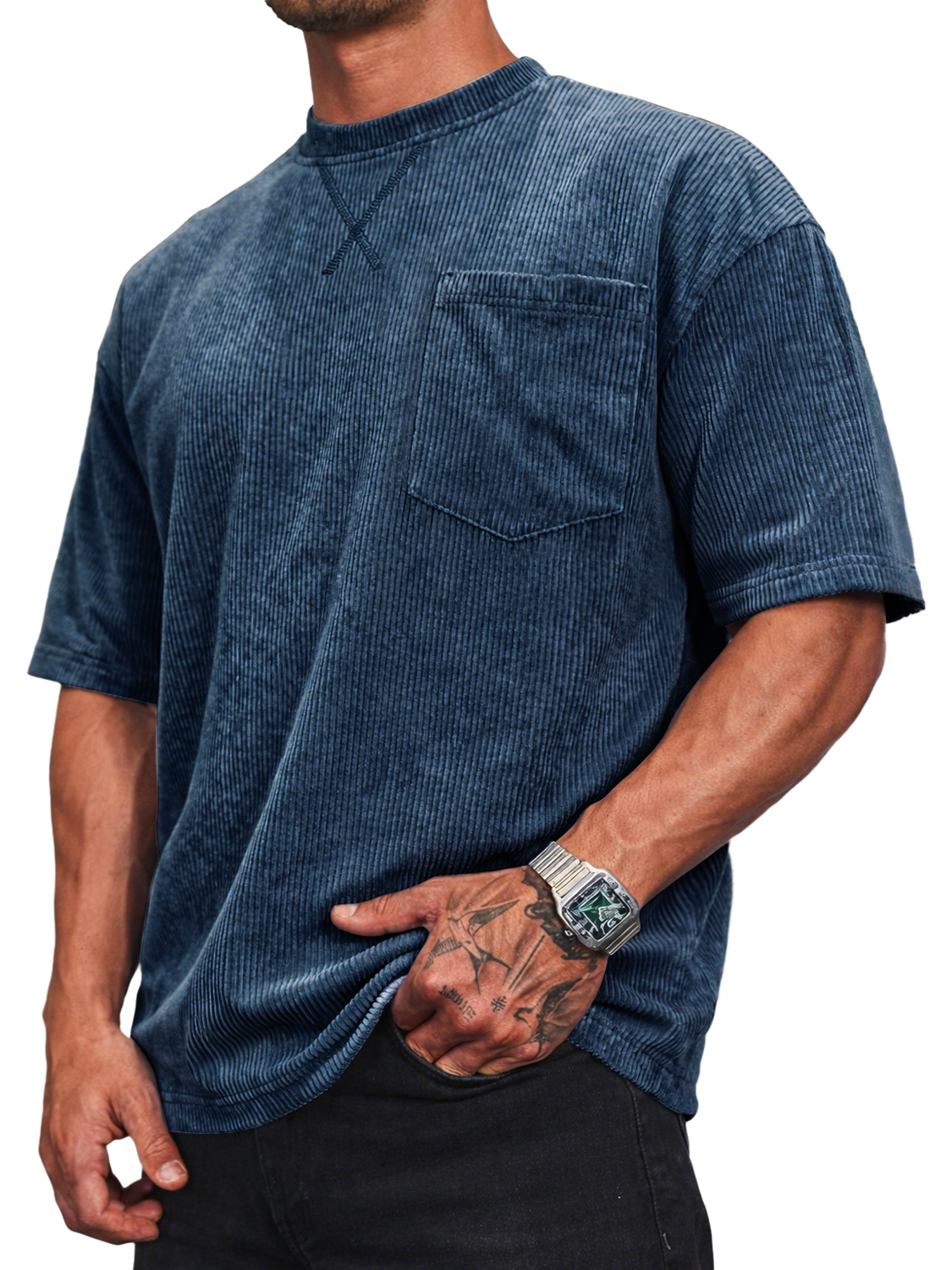 Men's Corduroy Crew Neck Short-sleeved T-shirt With A Crossover Design