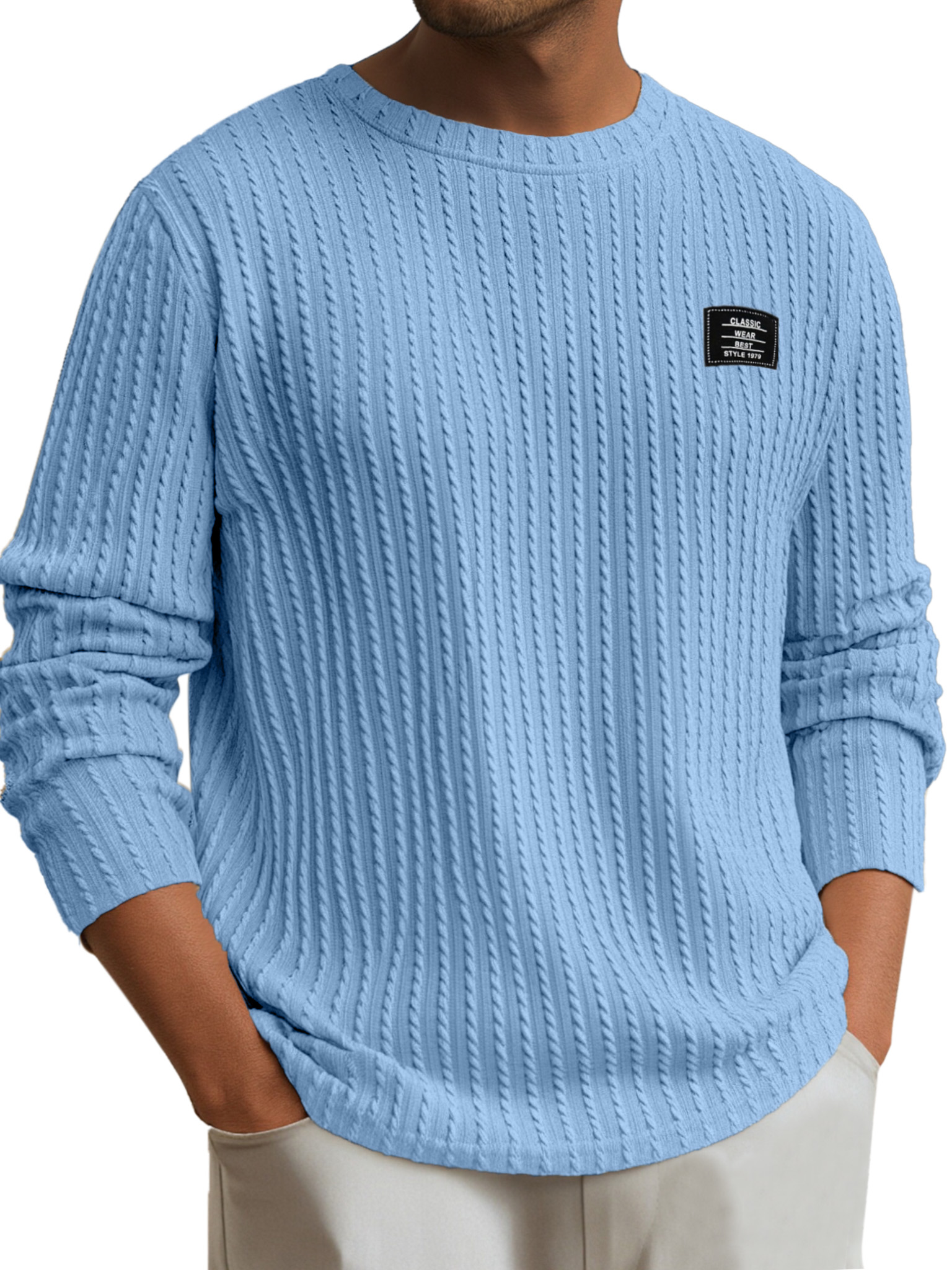 Men's Simple Daily Solid Color Logo Round Neck Long-sleeved T-shirt
