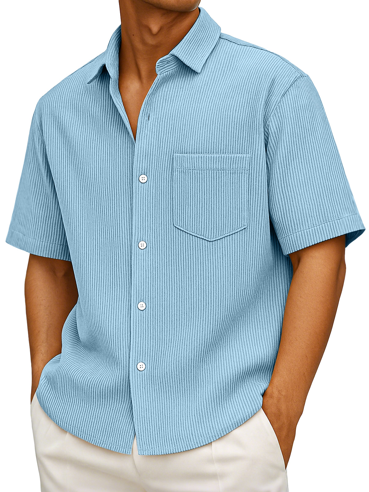 Men's Casual Simple Solid Color Vertical Pit Short-sleeved Button-down Shirt