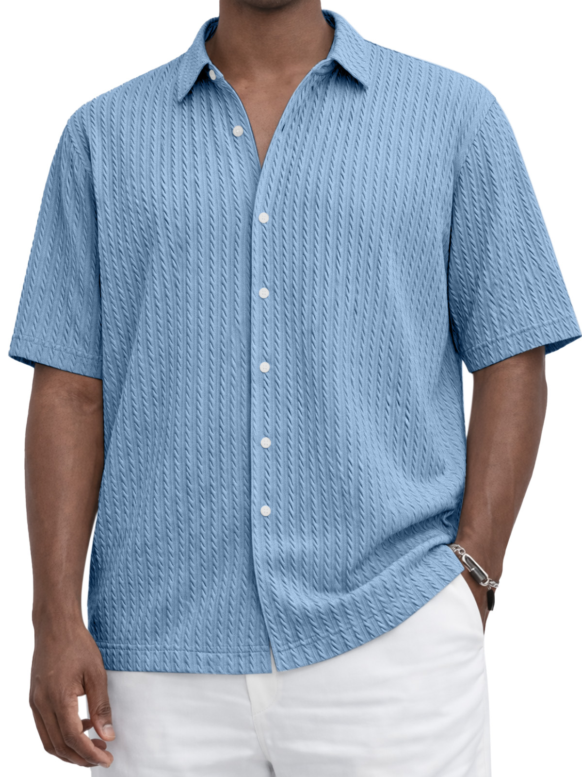 Everyday Casual Solid Color Textured Short-Sleeve Shirt