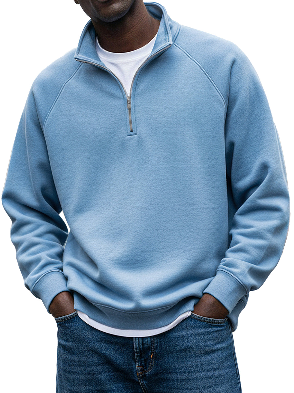 Men's Simple Solid Color Stand Collar Zipper Raglan Sleeve Design Sweatshirt