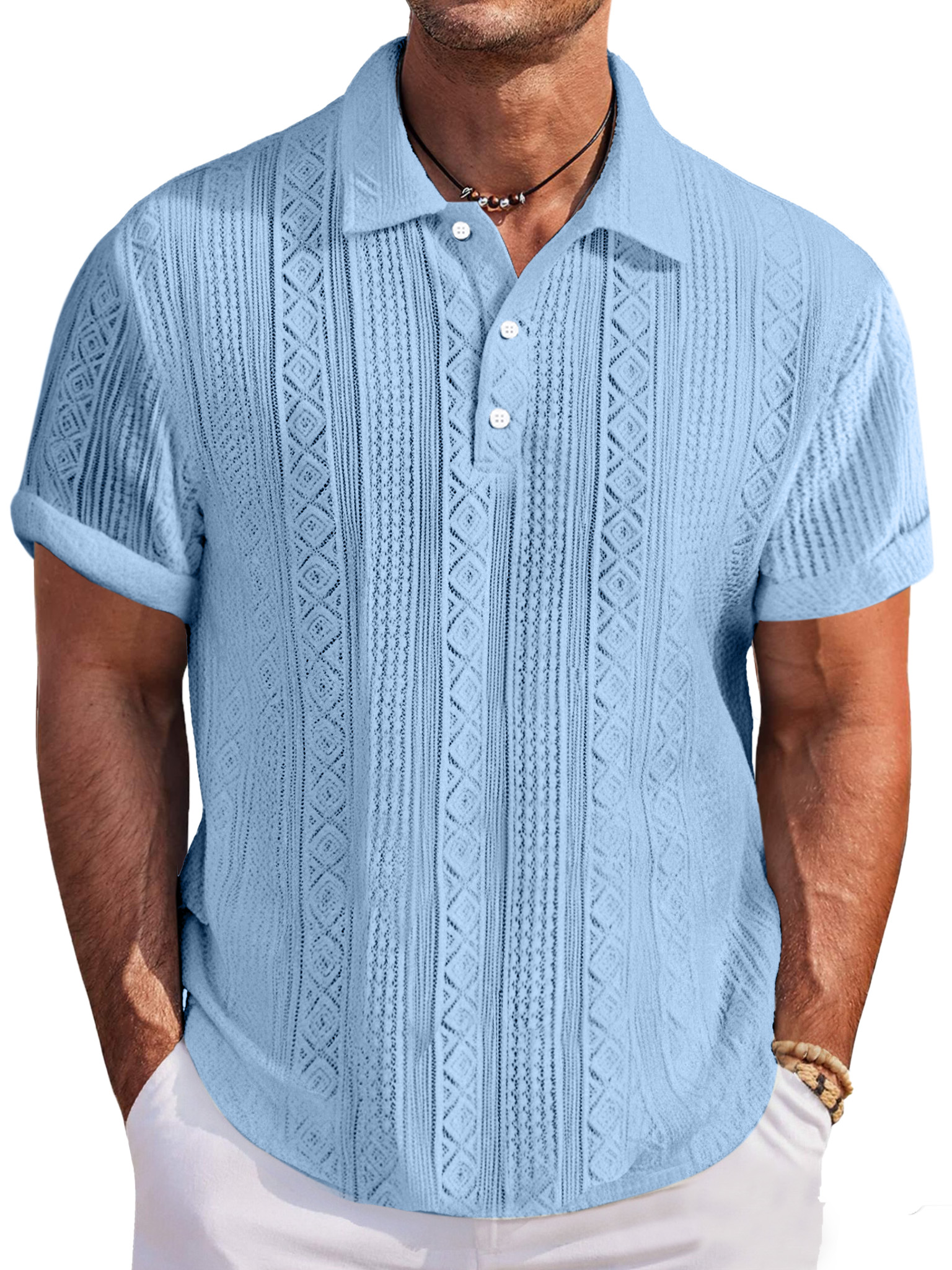 Men's Casual And Comfortable Solid Color Textured Short-sleeved Lapel Polo Shirt