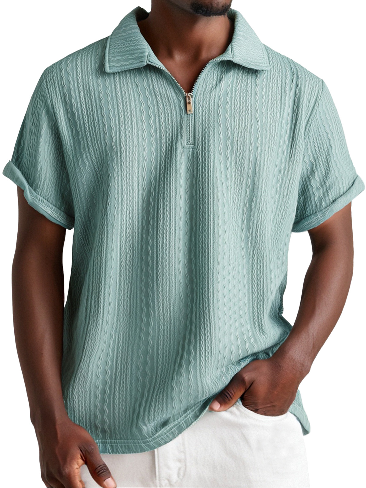 Men's Everyday Design Textured Short-sleeved Lapel Zipper Polo Shirt
