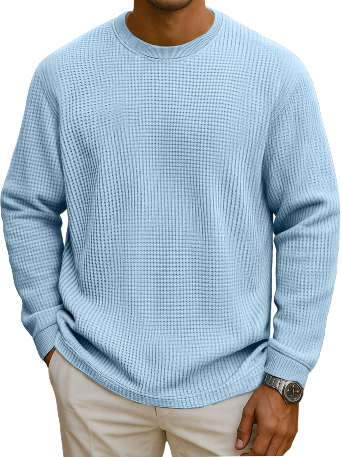 Men's Simple Everyday Solid Color Waffle Round Neck Long Sleeve T-shirt