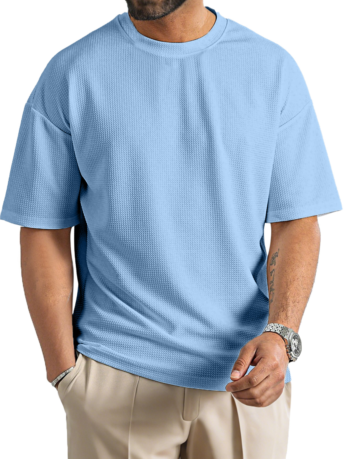 Men's Daily Solid Color Waffle Texture Round Neck Short-sleeved T-shirt