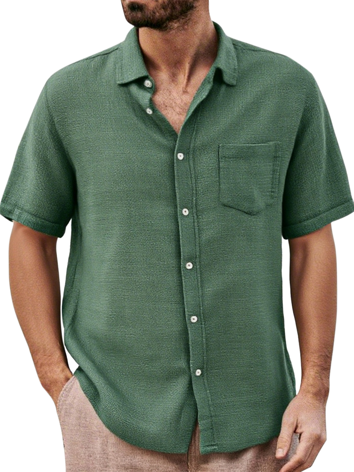 Men's Daily Casual Loose And Comfortable Solid Color Lapel Short-sleeved Button-down Shirt