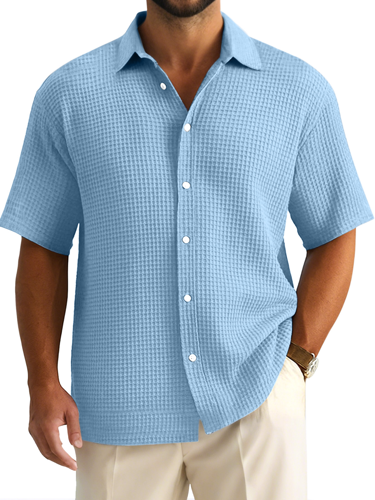 Men's Simple Casual Solid Color Waffle Short-sleeved Button-down Shirt