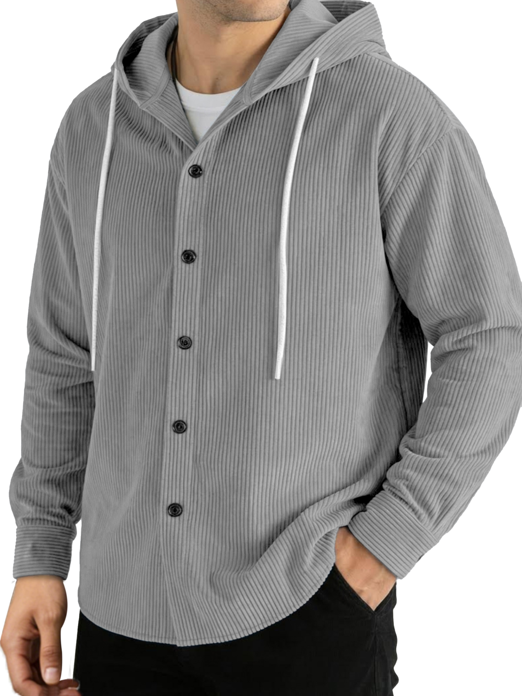 Casual Solid Color Vertical Ribbed Button-Up Hooded Long-Sleeve Shirt
