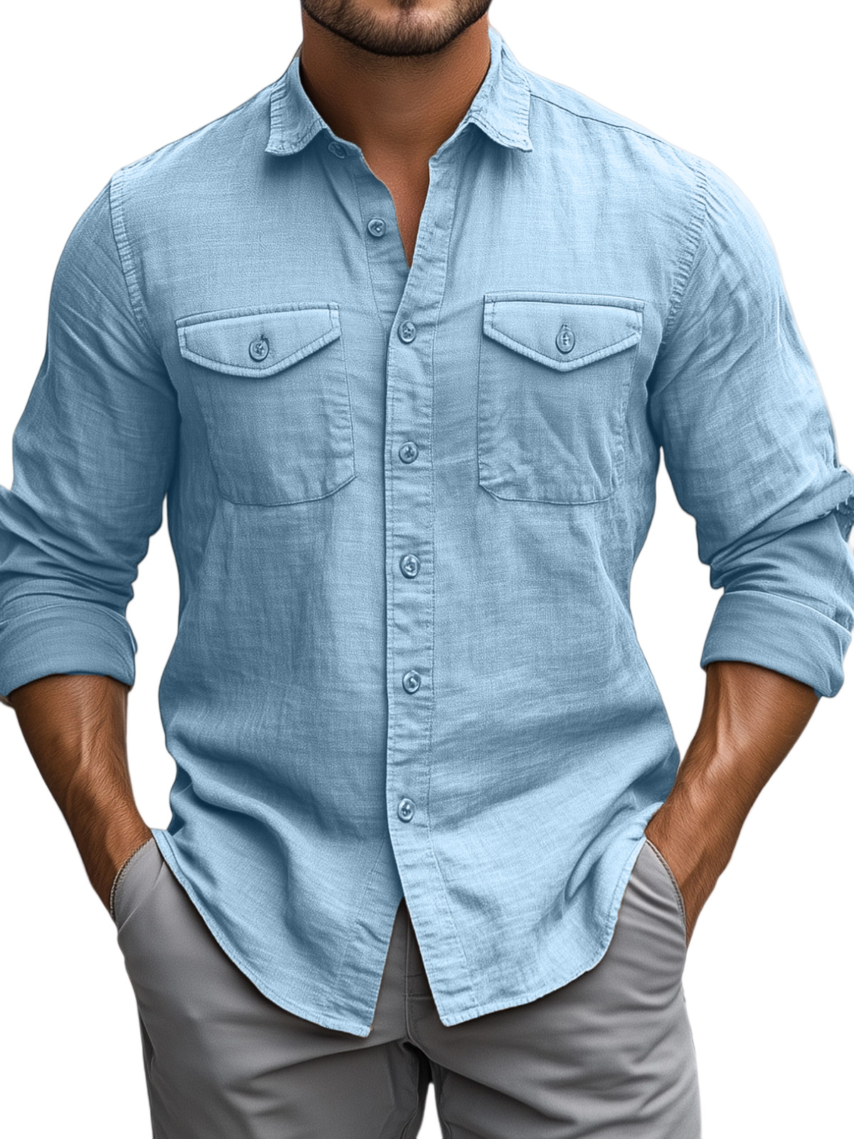 Men's Casual Daily Solid Color Breathable Cotton Long-sleeved Shirt