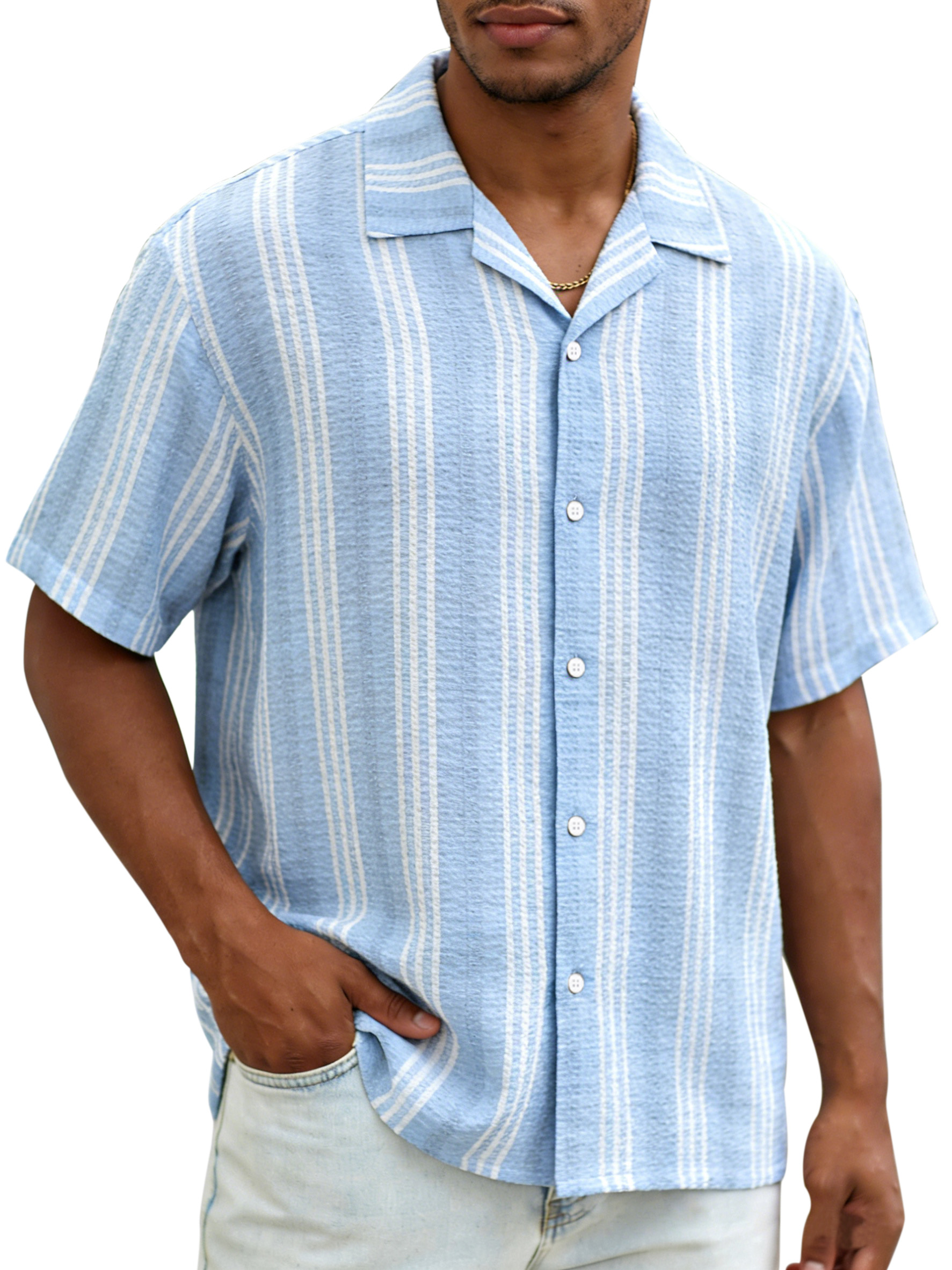Daily casual resort style vertical striped breathable loose short-sleeved shirt
