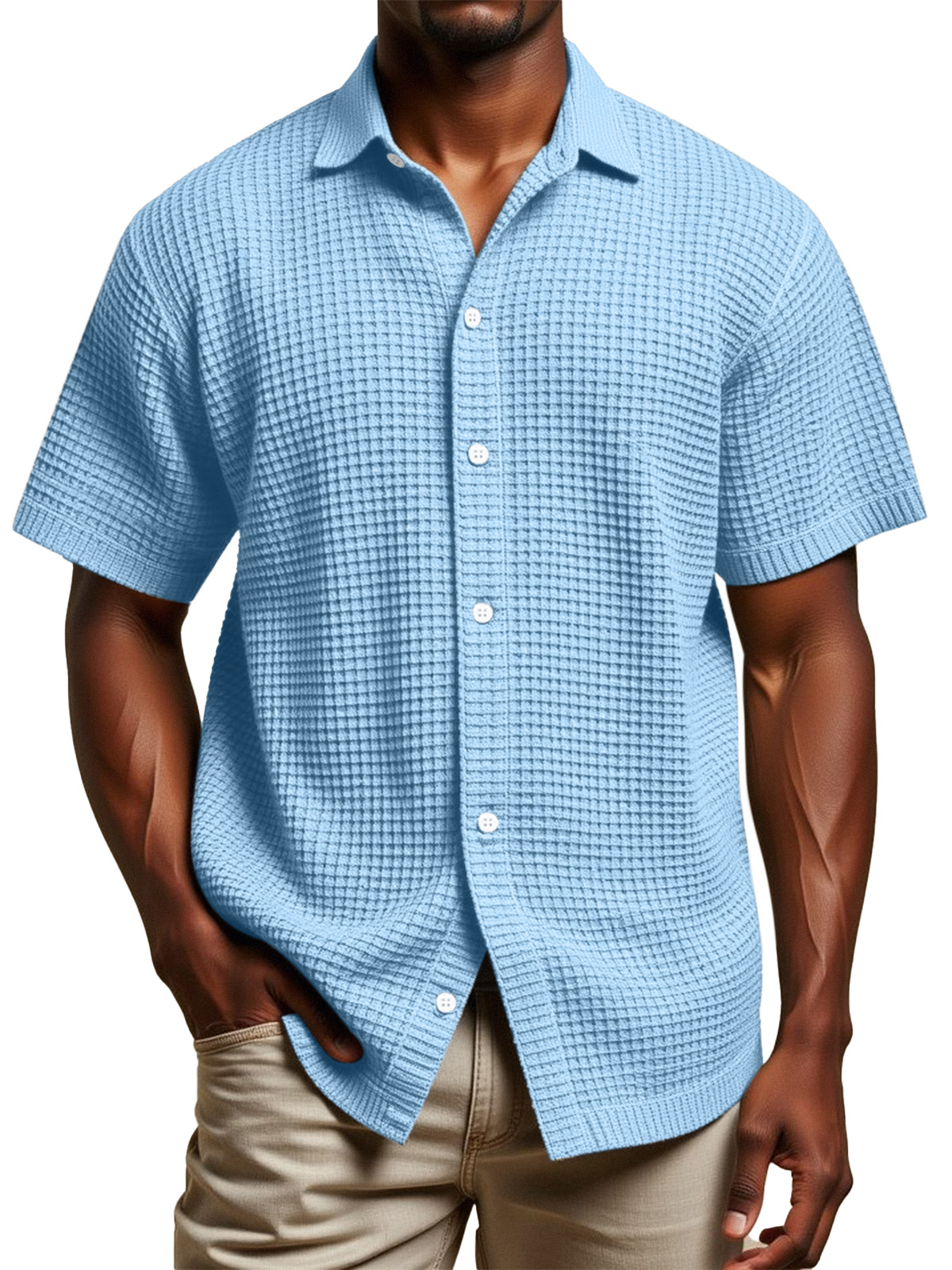 Men's Daily Simple Solid Color Waffle Texture Short-sleeved Lapel Button-down Shirt